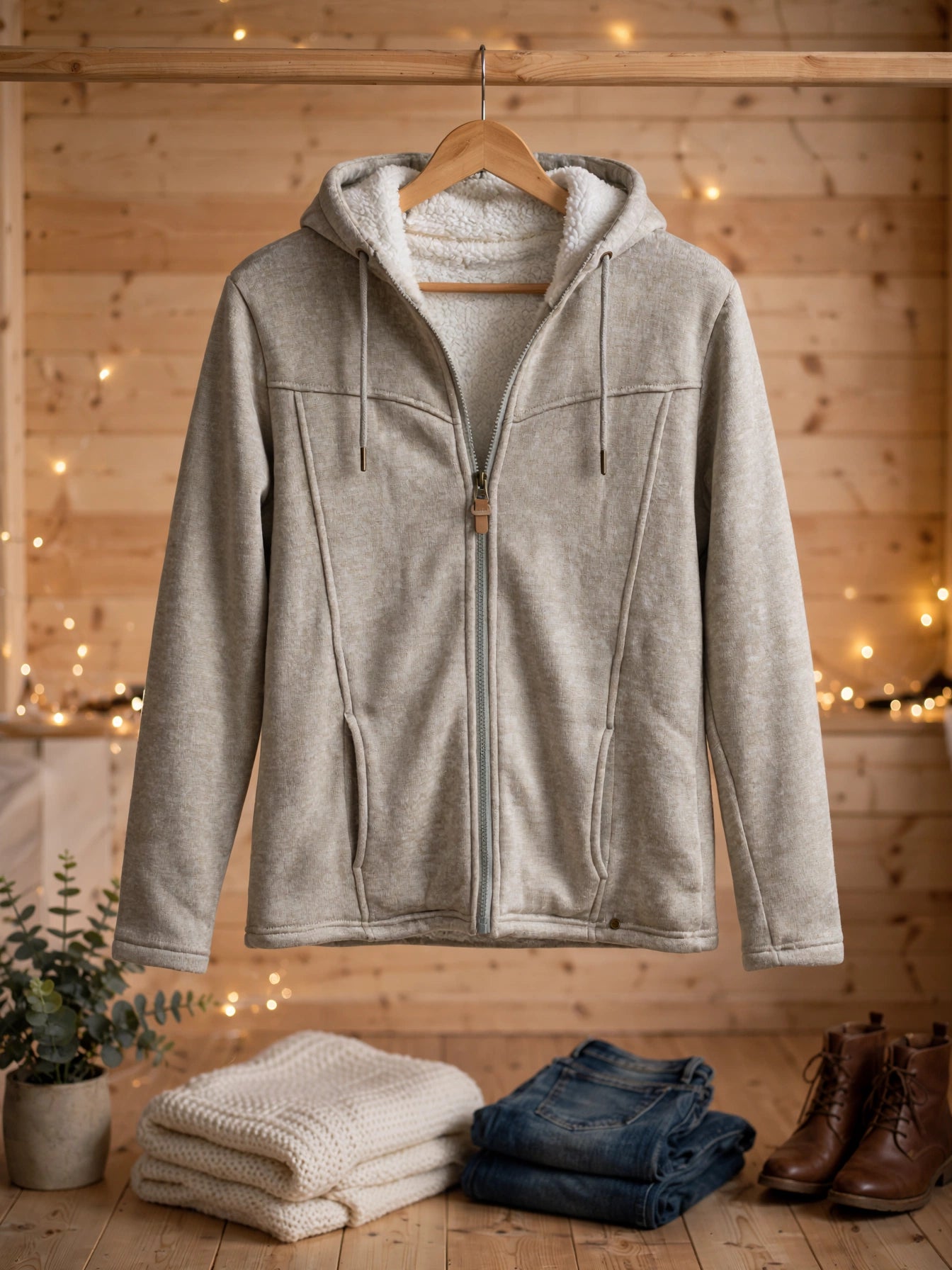 Oatmeal Beige Maxed Sherpa-Lined Hooded Jacket - Size M