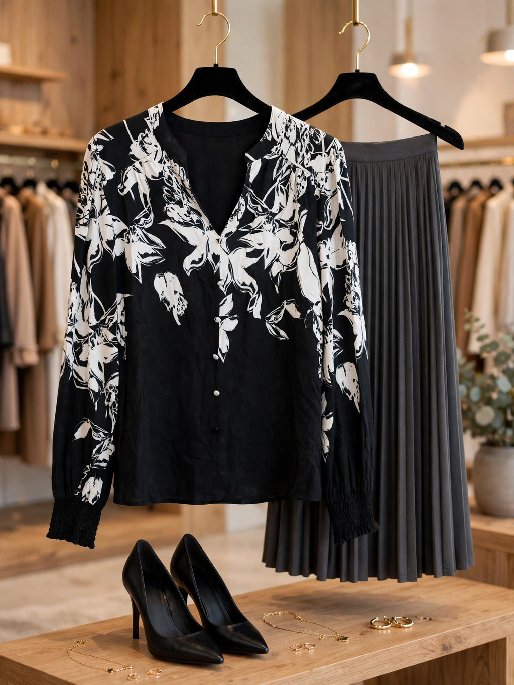 Woman Floral Black & White Botanical Print Blouse - Size Small