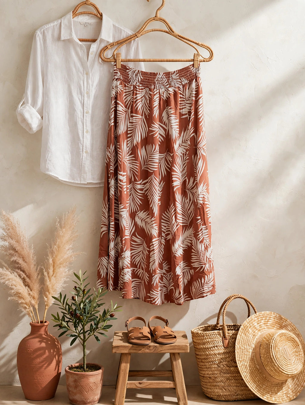 Woolworths Terracotta & White Palm Print Midi Skirt - Size 38