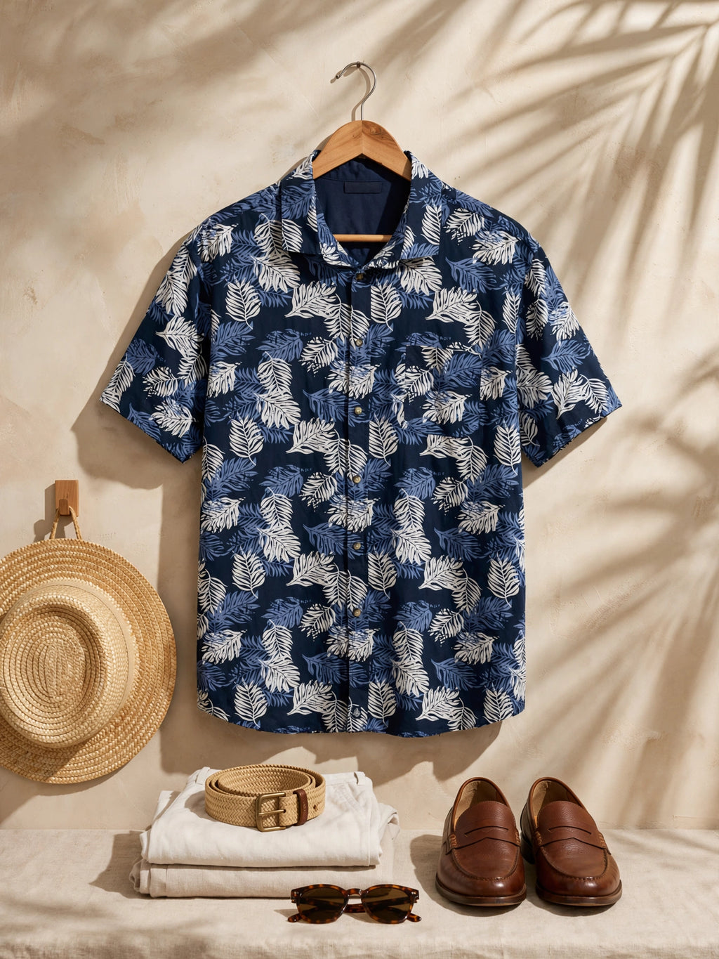 Men's Navy White Stone Harbour Tropical Leaf Print Shirt - Size 2XL