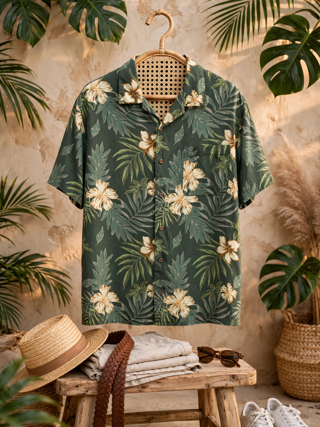 Men's Green & Gold Hibiscus Blue Harbour Tropical Silk Shirt - Size Large