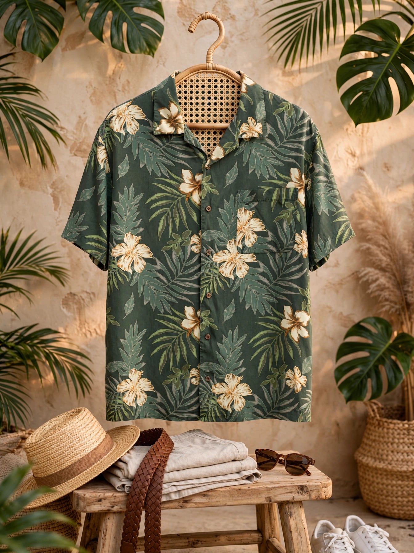 Men's Green & Gold Hibiscus Blue Harbour Tropical Silk Shirt - Size Large