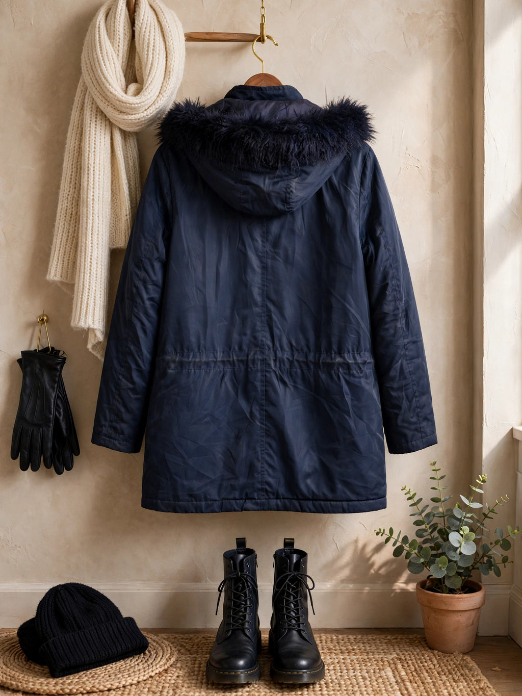 Navy Parka Exact Jacket with Faux Fur Hood - Size 36