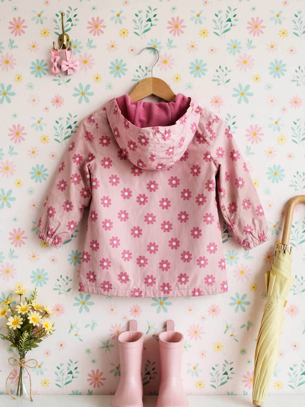 Naartjie Girls Pink Daisy Fleece-Lined Hood Rain Jacket - Size 3-4 Years