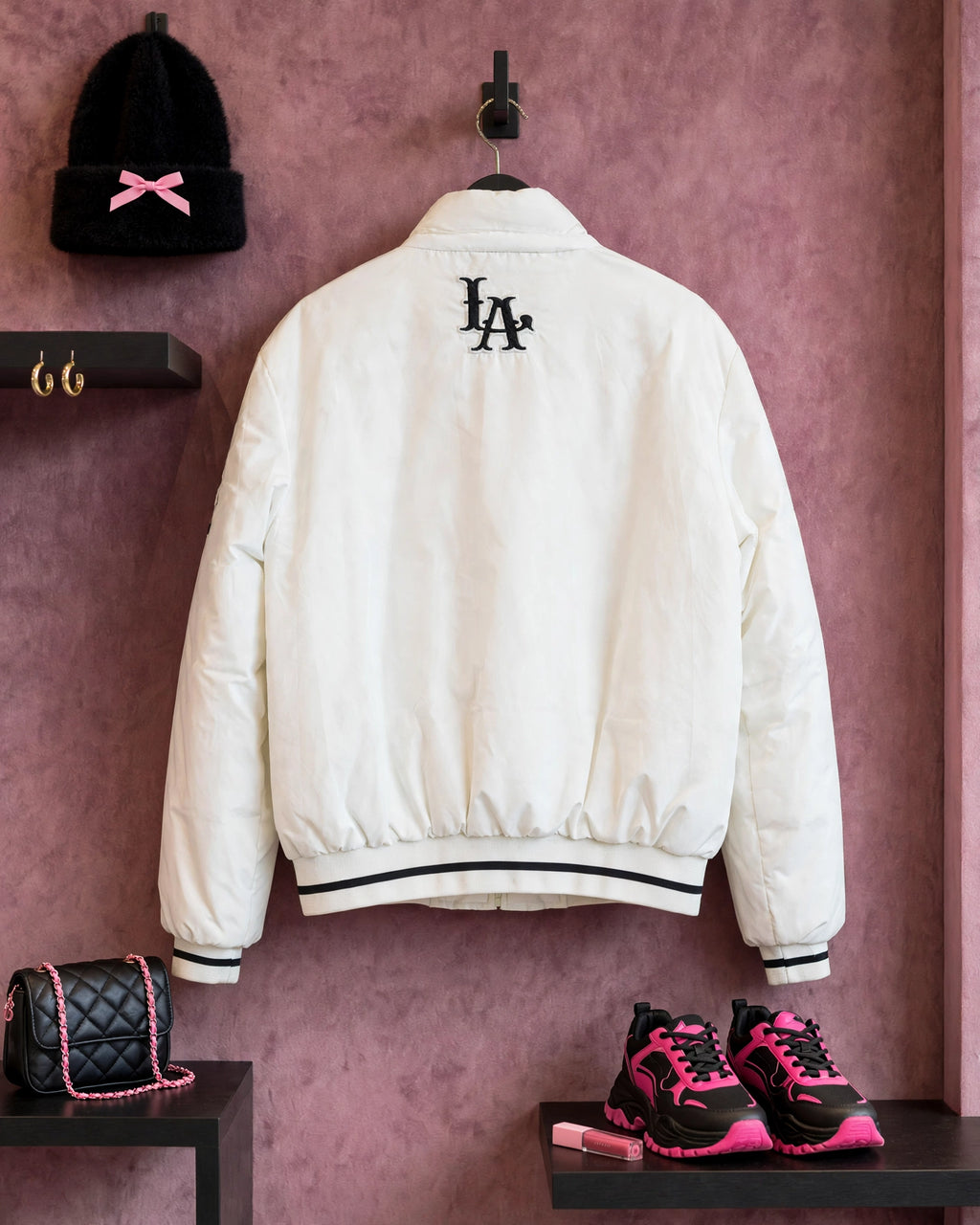 Angeles White with Black Detail Puffa Bomber Jacket - Size XL