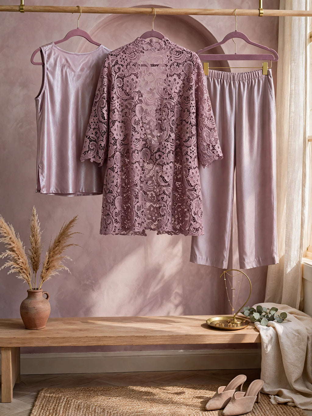 Three Piece Dusty Mauve Lace Kimono Mother of the Bride Suite - Size XL
