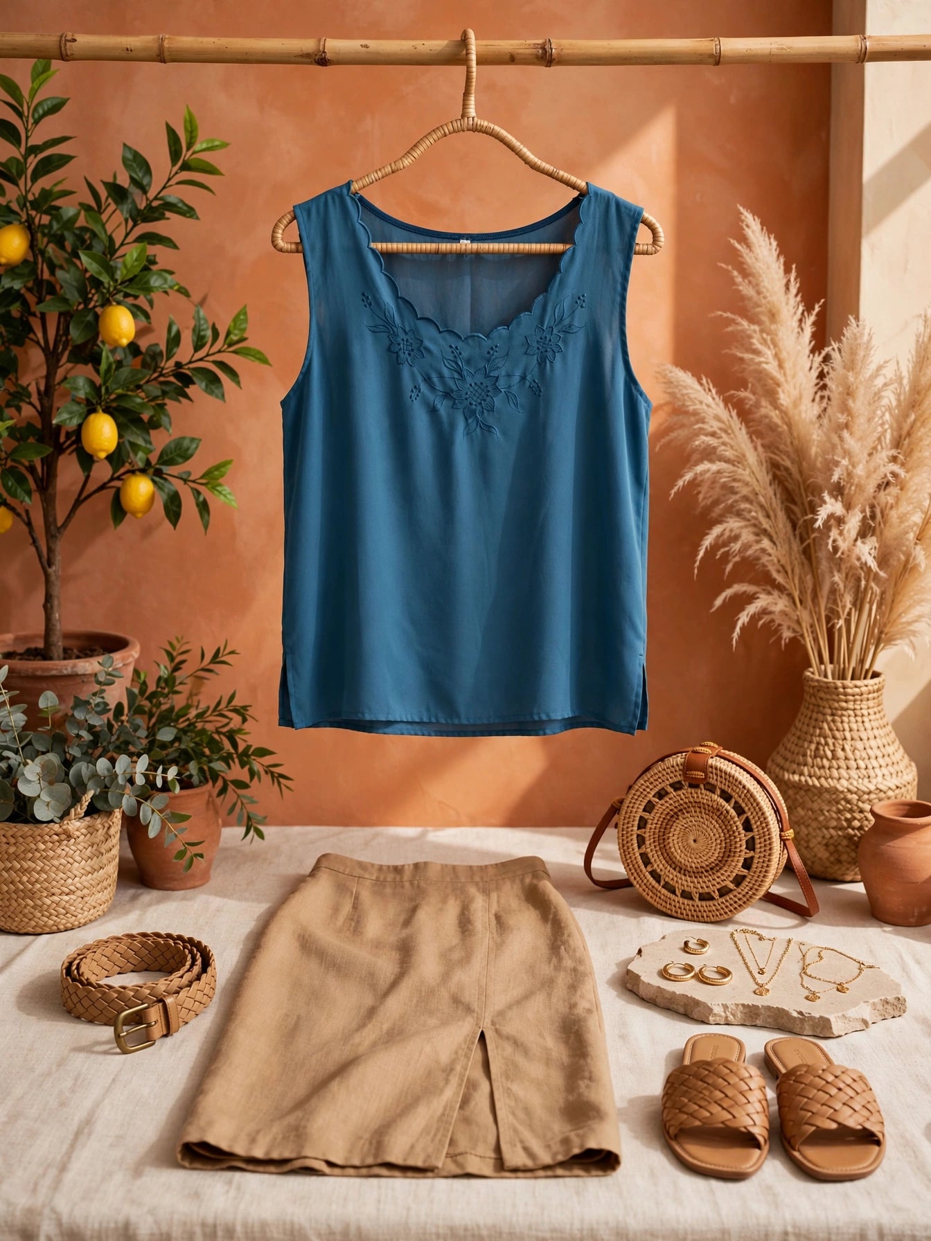 Teal Embroidered Scallop-Neck Sleeveless Blouse - Size Large
