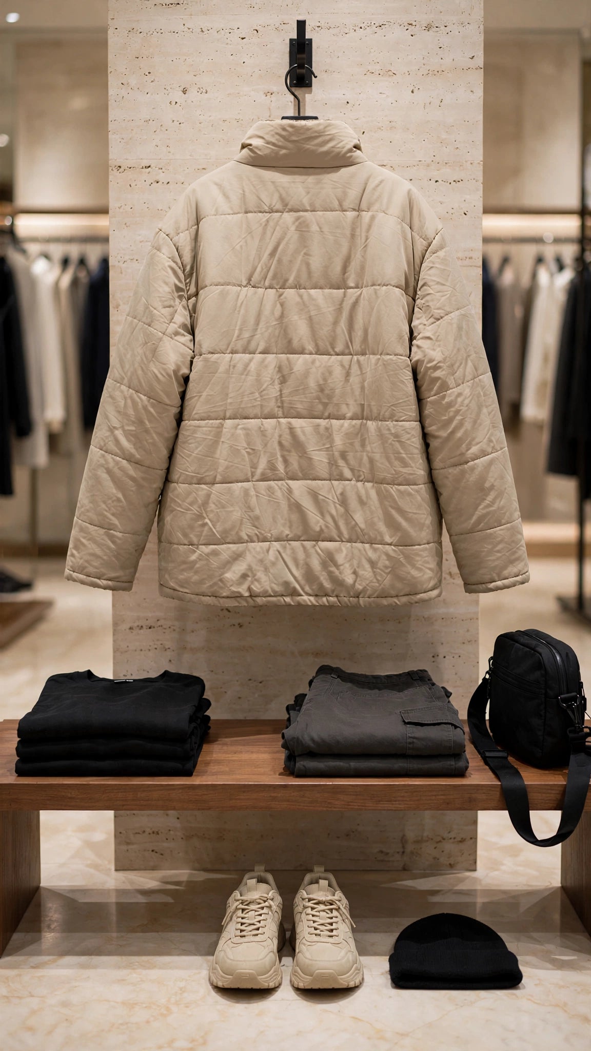 Men's US Basic Beige Puffer Jacket - Size 5XL