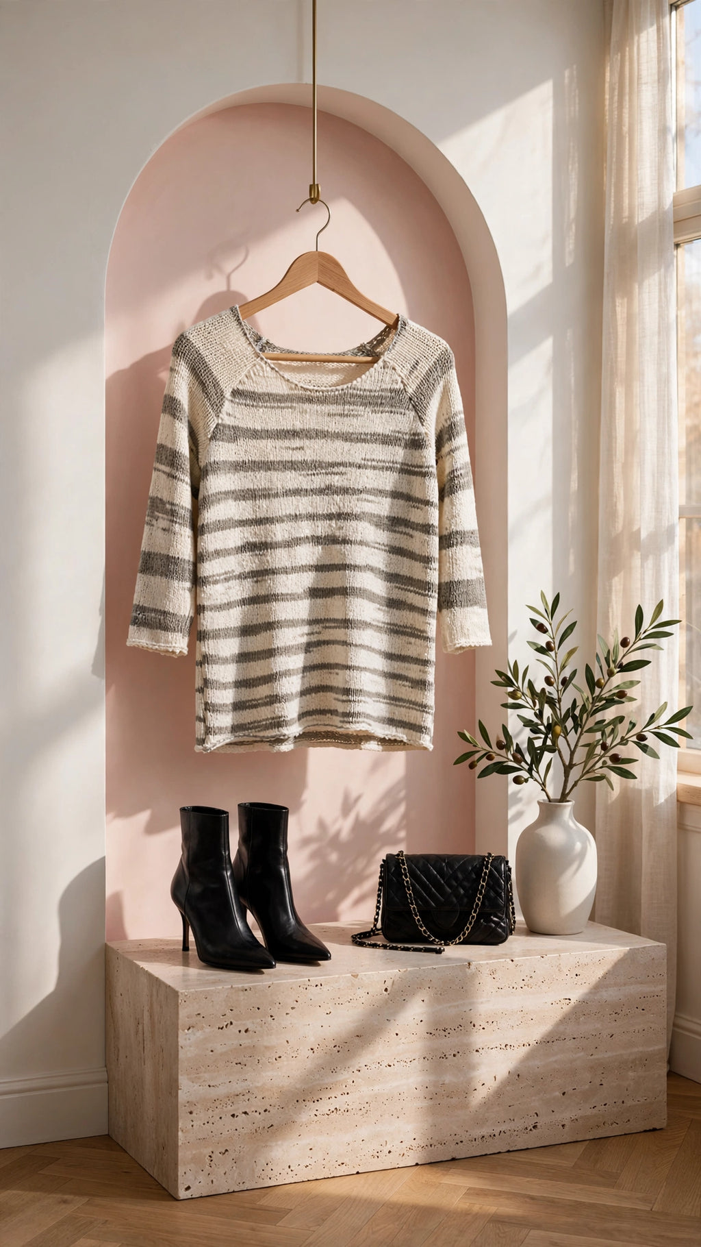 Cozy Grey & Cream Striped Slub Knit Sweater - Size Medium