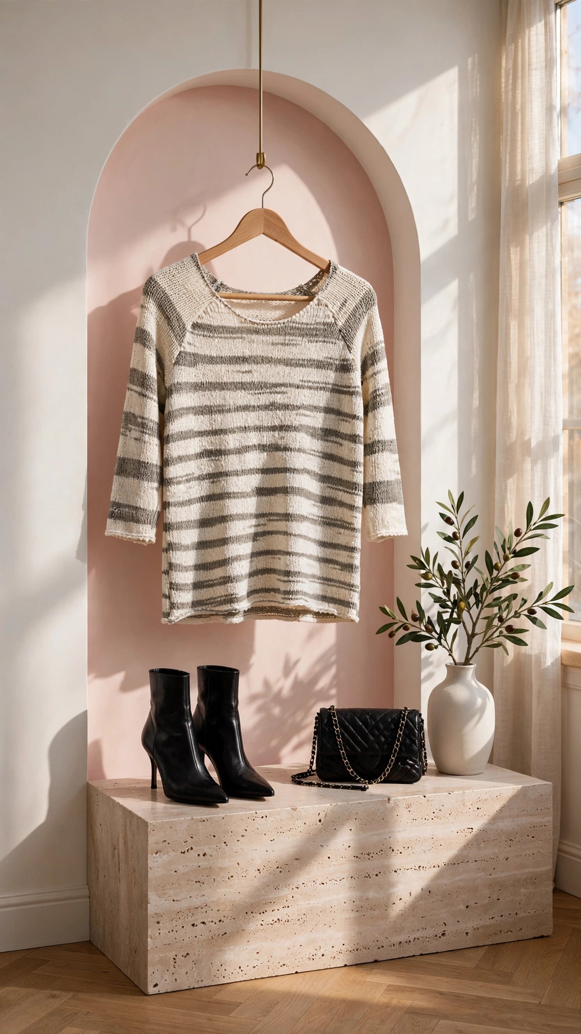Cozy Grey & Cream Striped Slub Knit Sweater - Size Medium