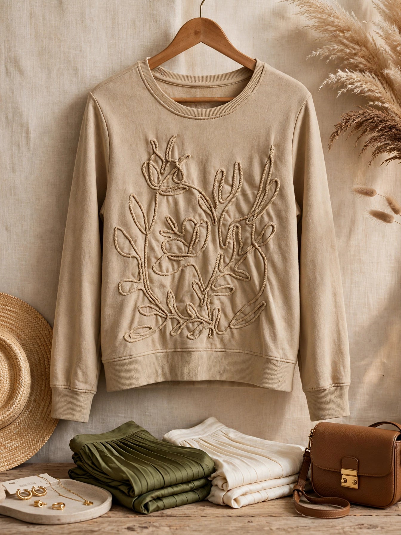 Ladies Beige Rope Floral Crew Sweatshirt - Size Small