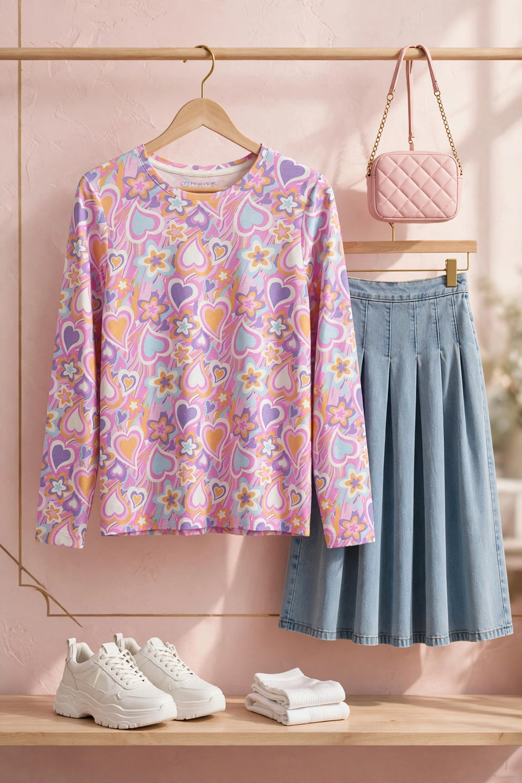 Girls Retro Hearts Long Sleeve Shirt - Size 13-14 Years