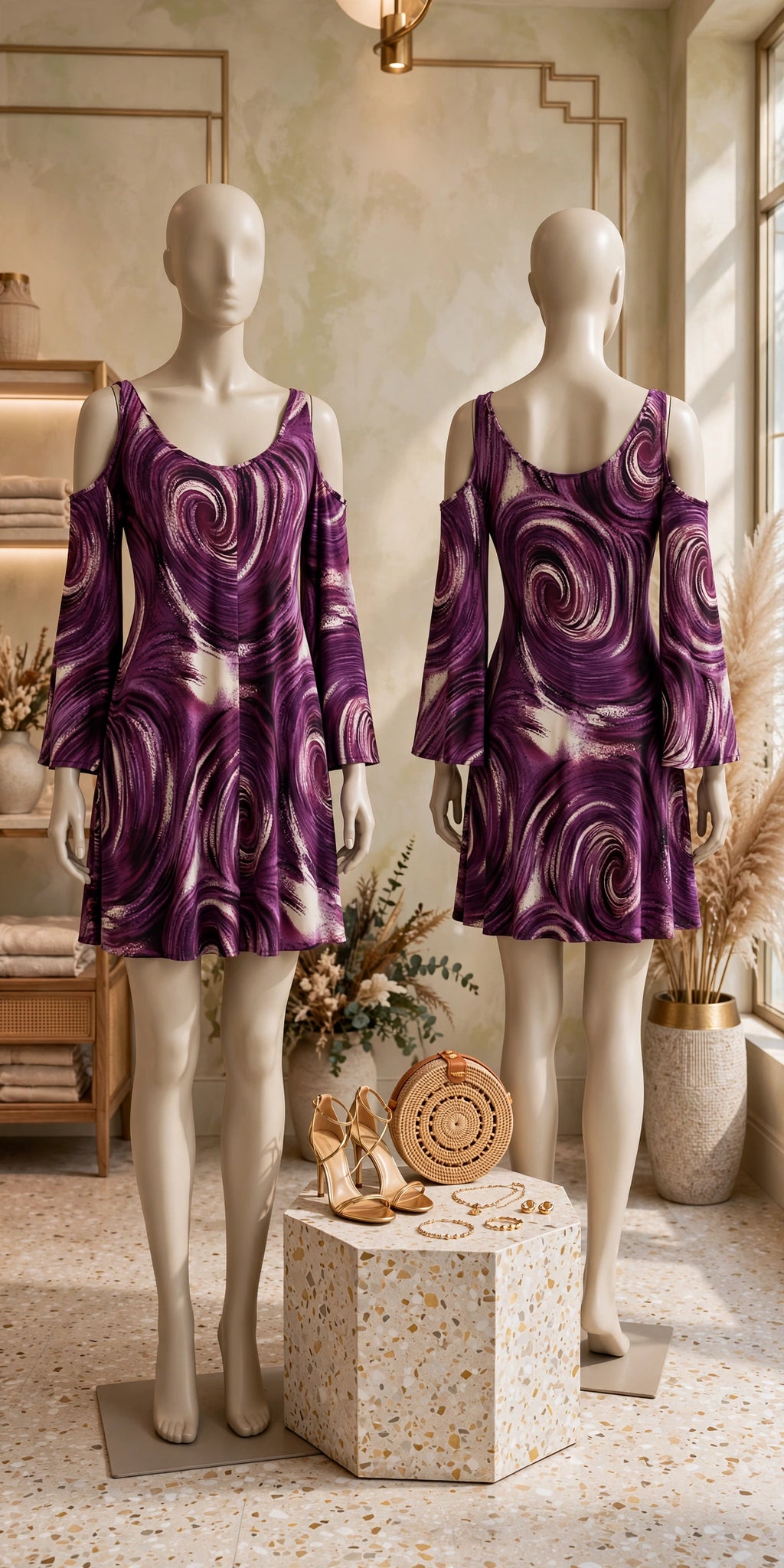 Crest La Vie Purple Swirl Cold-Shoulder Bell Sleeve Dress - Size Medium