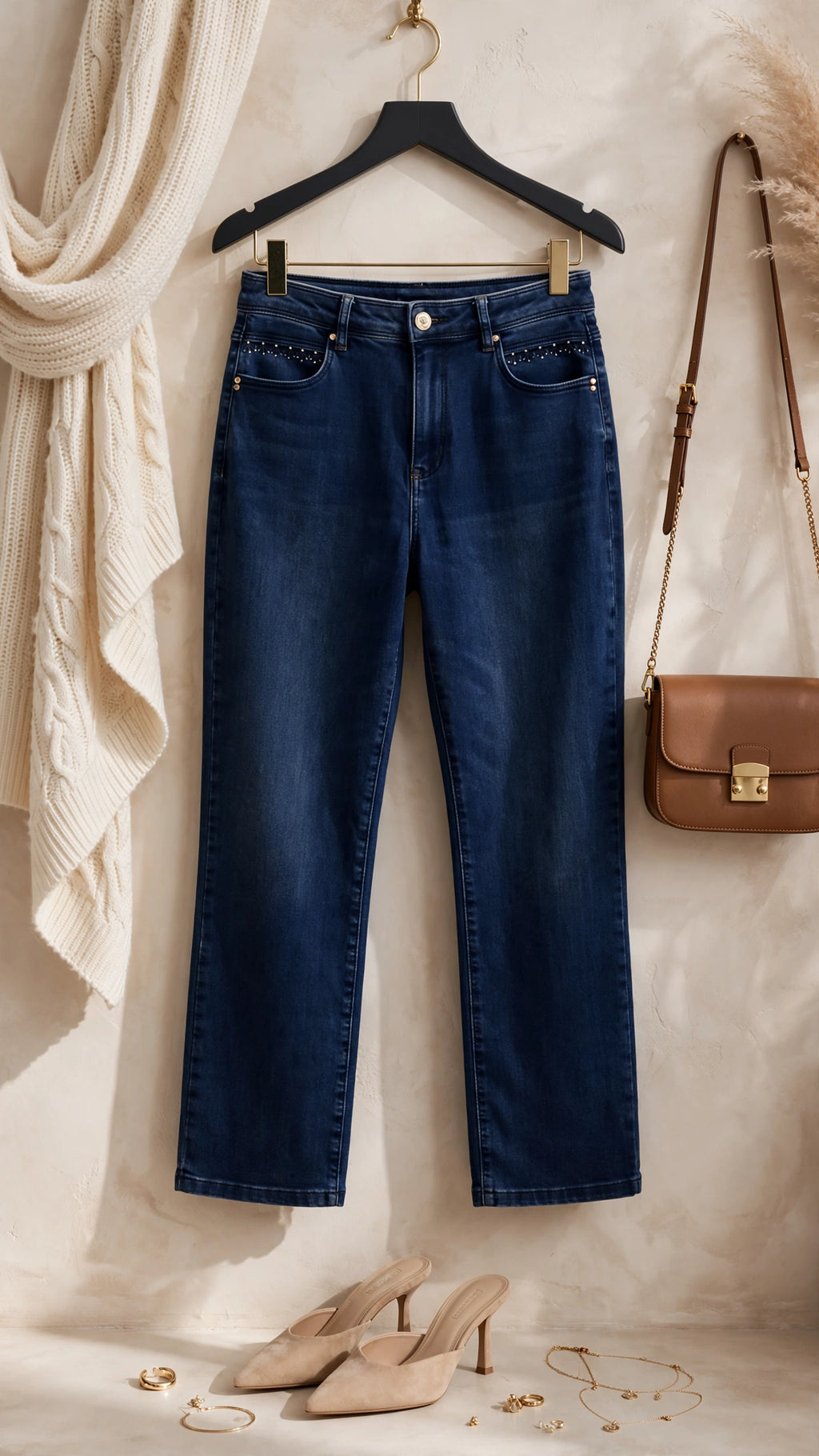 Queenspark Dark Indigo Straight-Leg Jeans with Crystal Pocket - Size 40