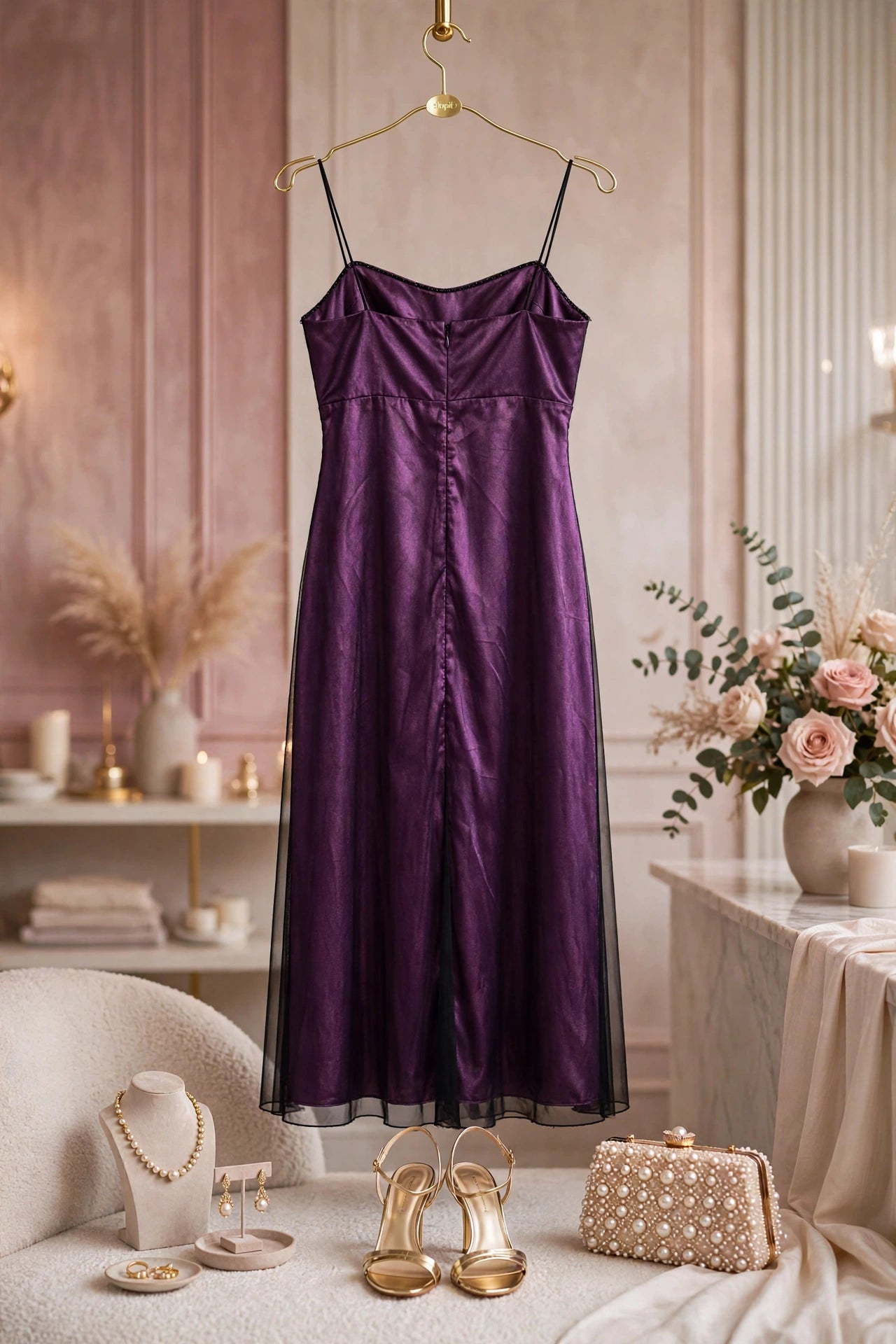 Purple Satin Embroidered Evening Gown - Size 38