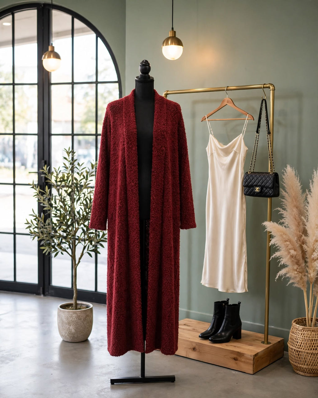 Burgundy Long Bouclé Teddy Duster Cardigan - Size L