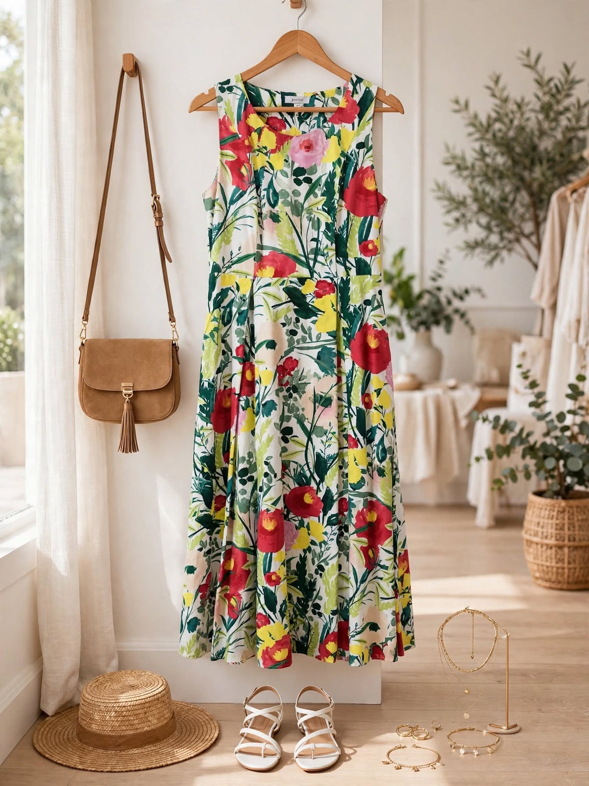 Poetry White Red Yellow Floral Garden Midi Dress - Size 8