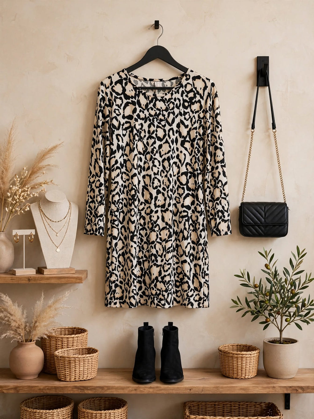 OMG Collection Leopard Print Long Sleeve Midi Dress - Size Medium