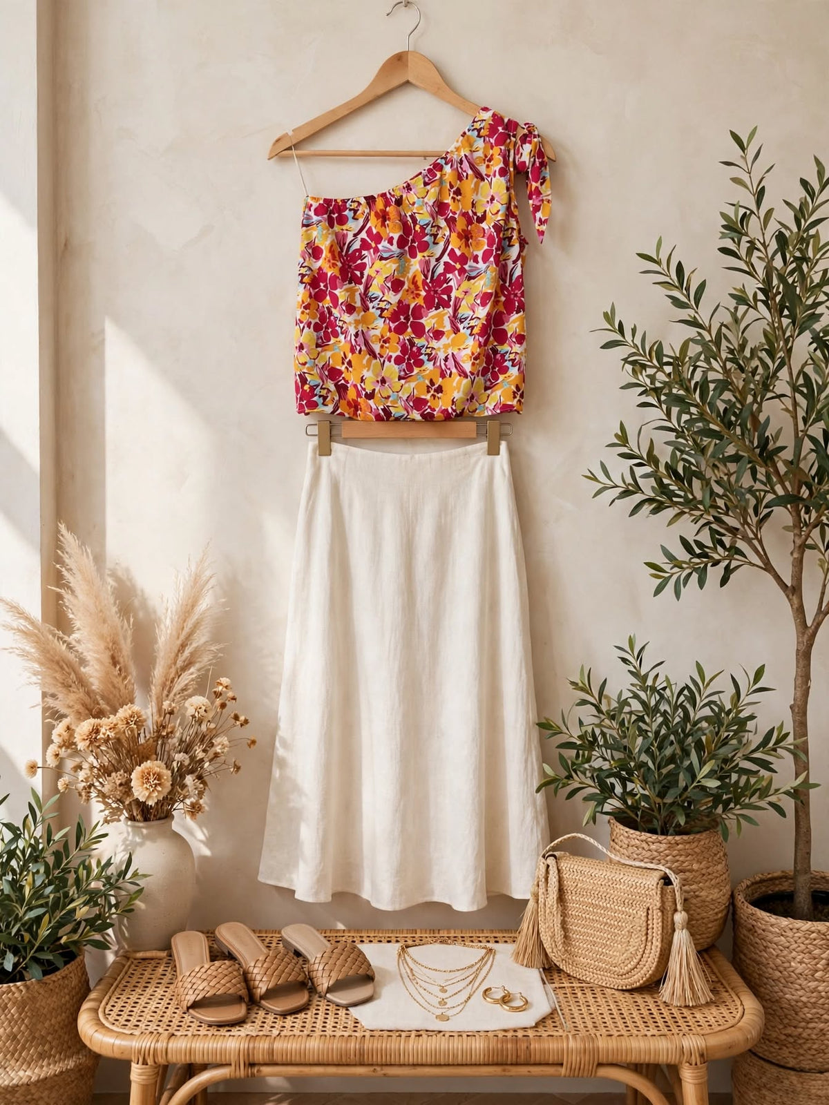 Floral Summer Festival One-Shoulder Tie Blouse - Size 36