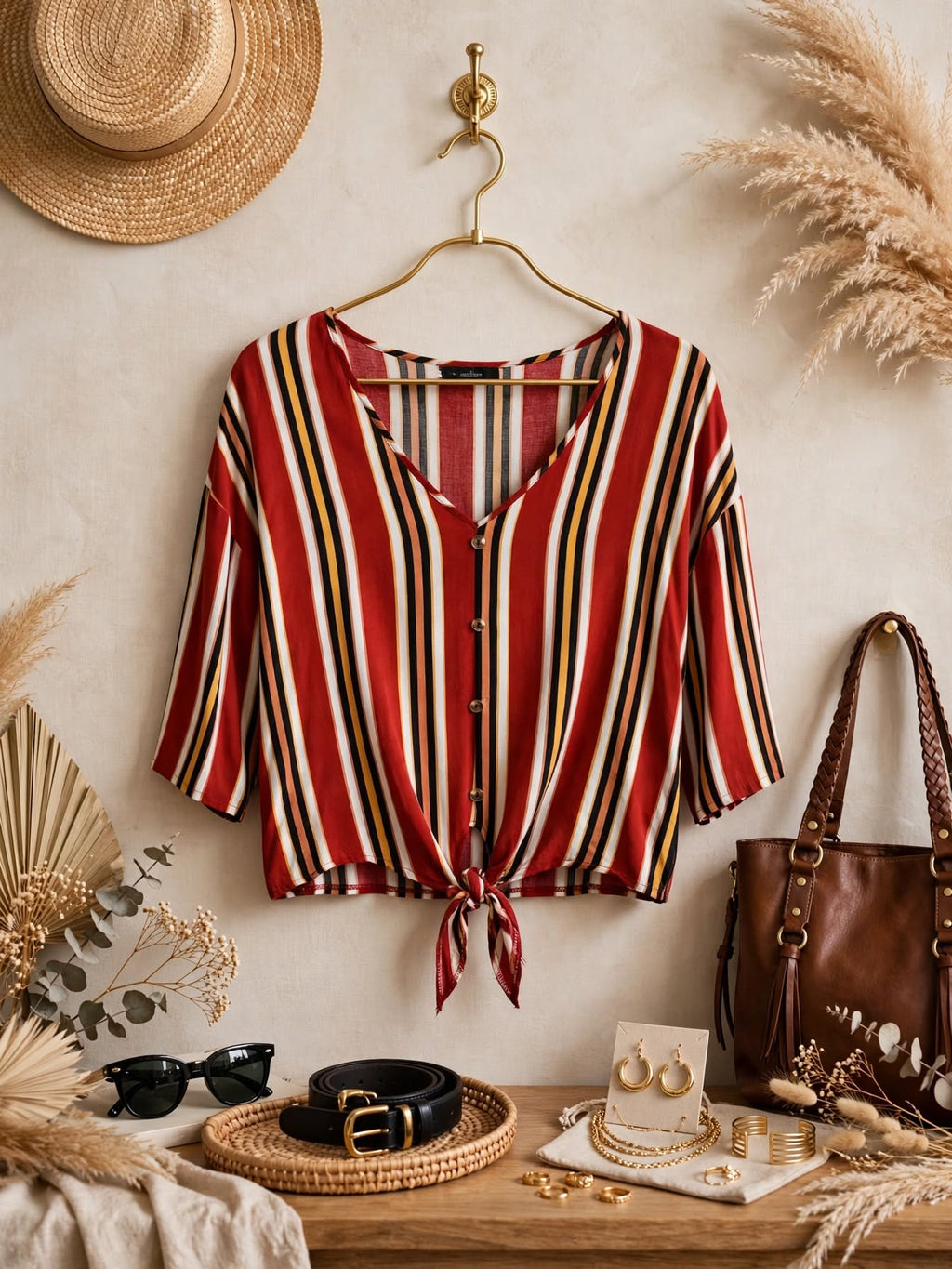 Be Yourself Red Striped Tie-Front Blouse - Size 32