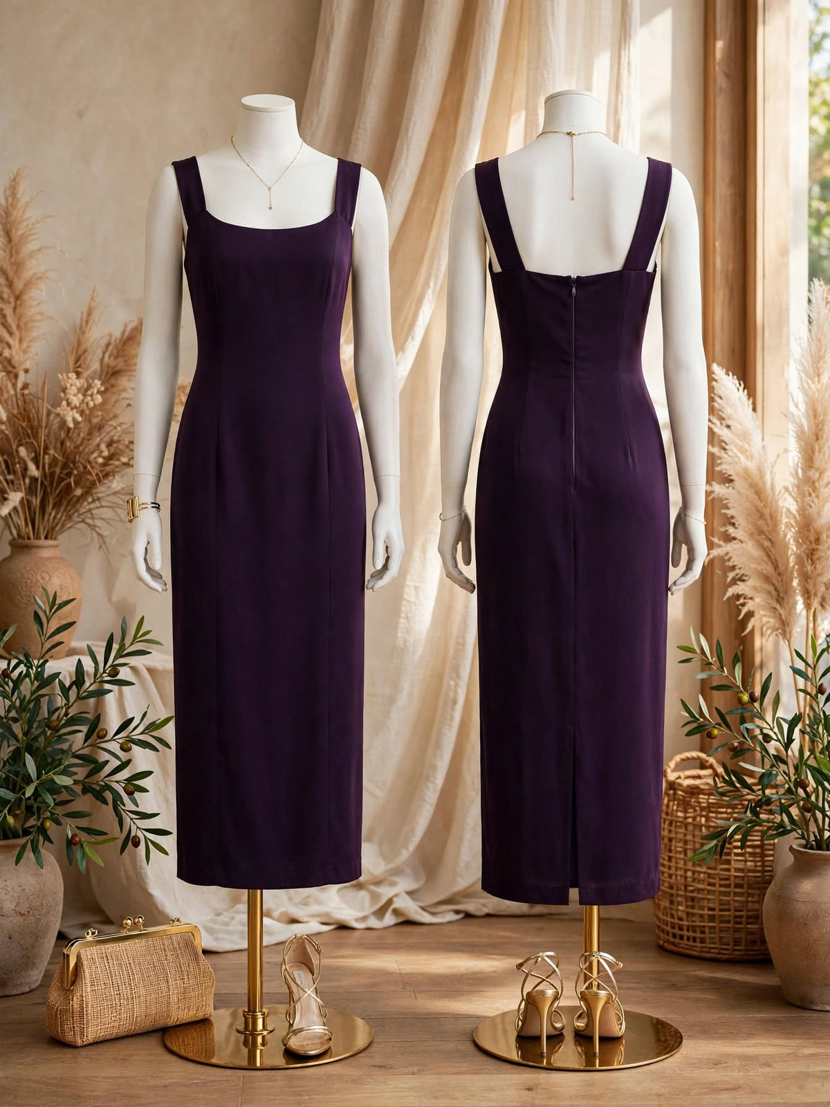 Aubergine Purple Square-Neck Midi Dress - Size Large