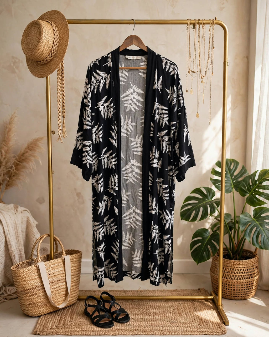 Botanical Black & White Fern Kimono
