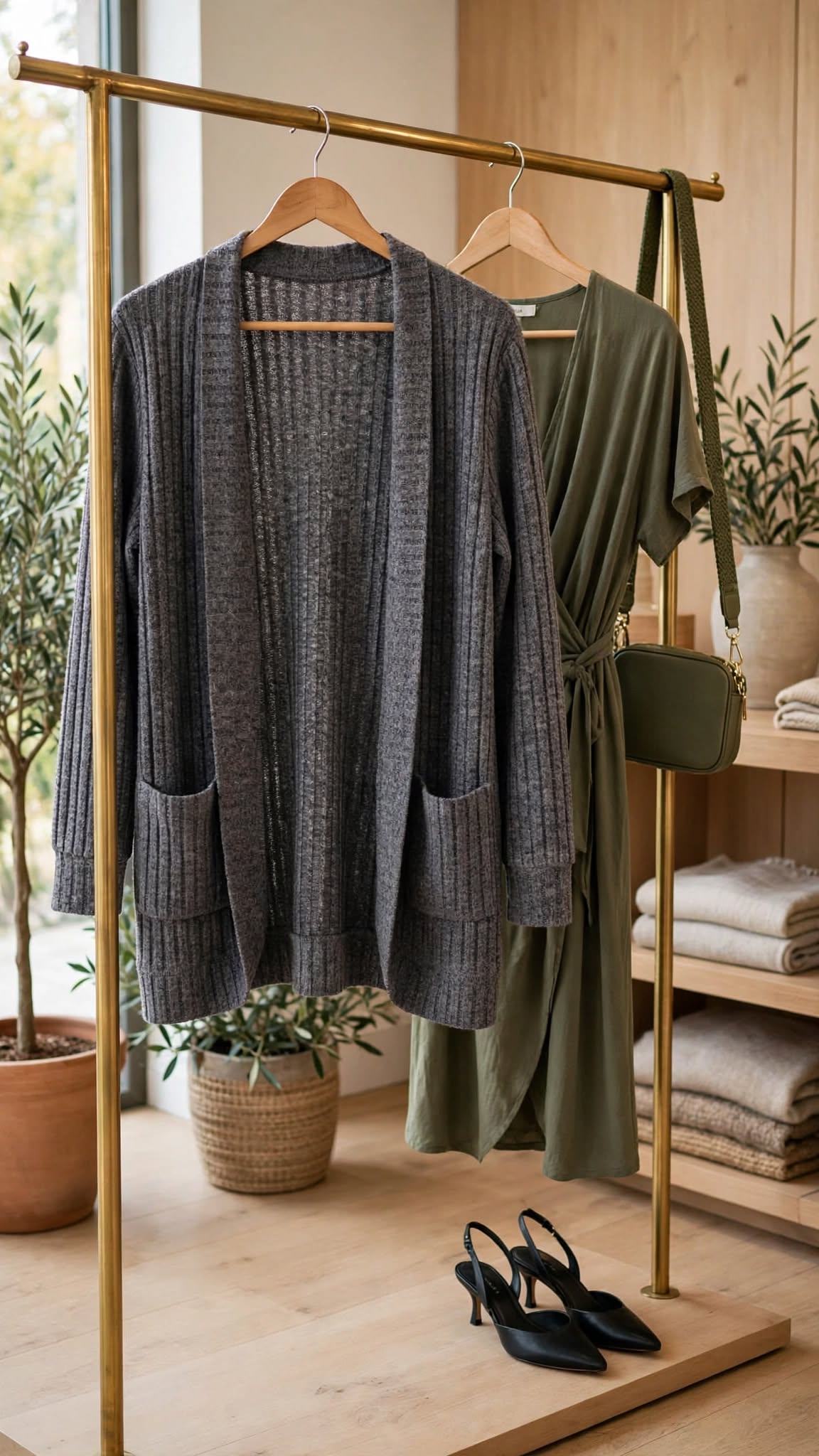 Grey Marl Ribbed Knit Open Cardigan with Pockets - Size Large