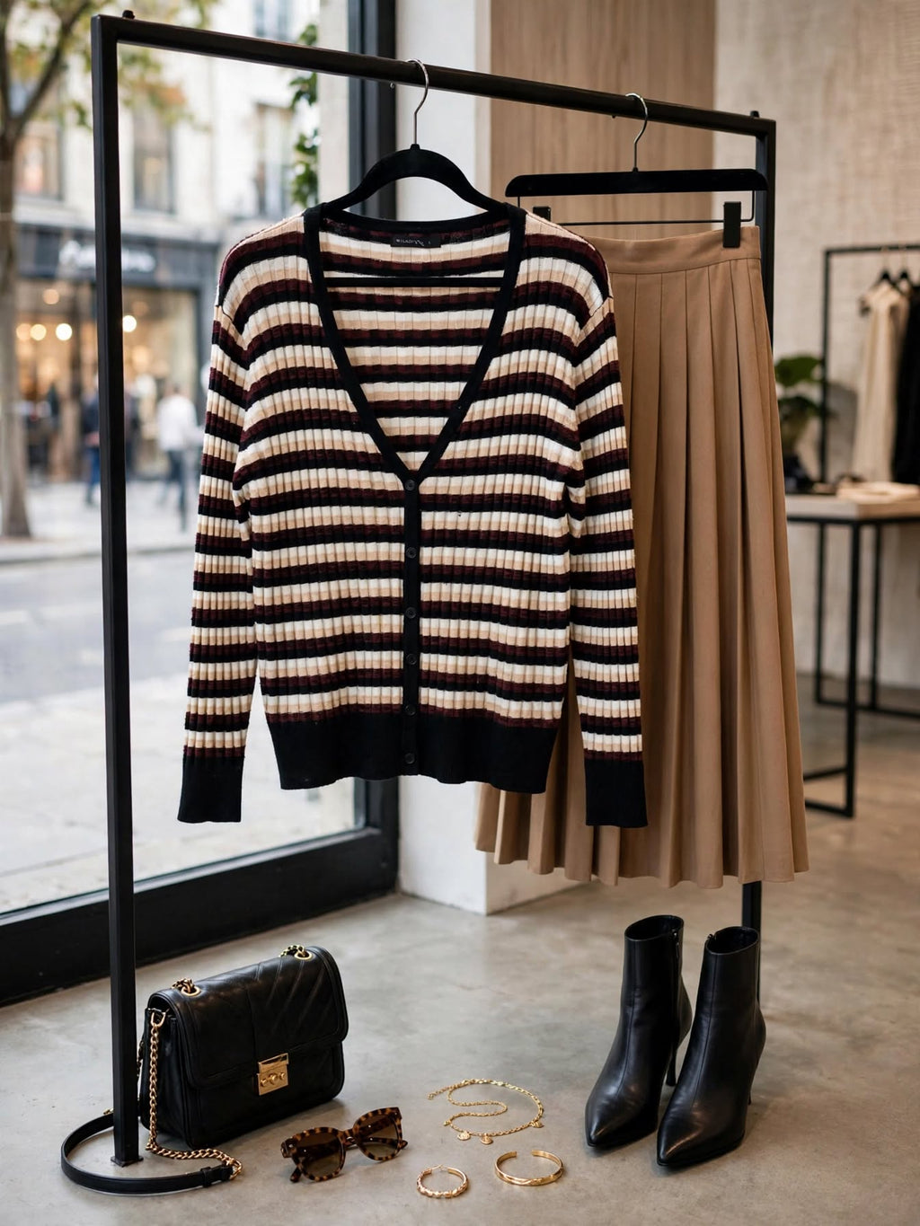 Miladys Cream Beige Black Burgundy Striped Ribbed V-Neck Cardigan - Size Large