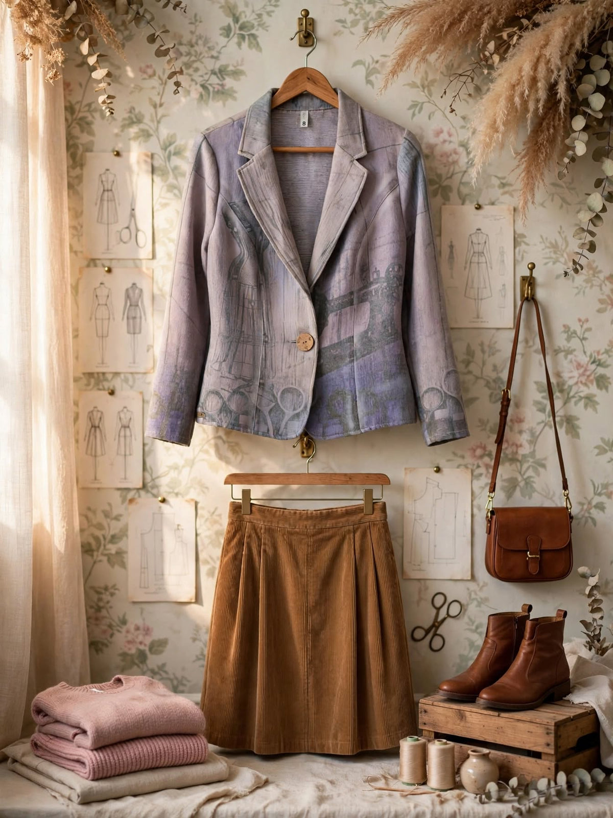 Vintage The Atelier Art Sewing Print Fitted Blazer Jacket - Size 8