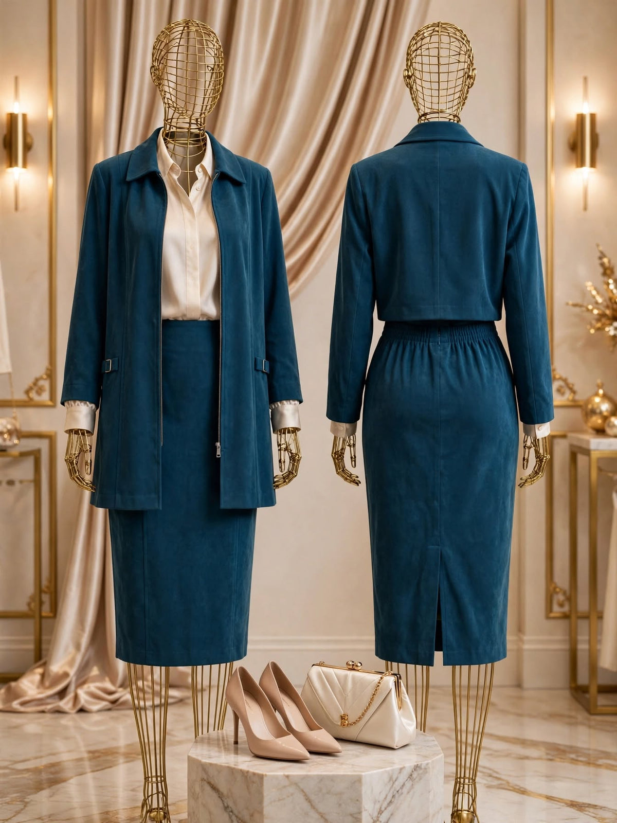 Miladys Vintage Teal Faux-Suede 2-Piece Zip Jacket & Pencil Skirt Set - Size 42