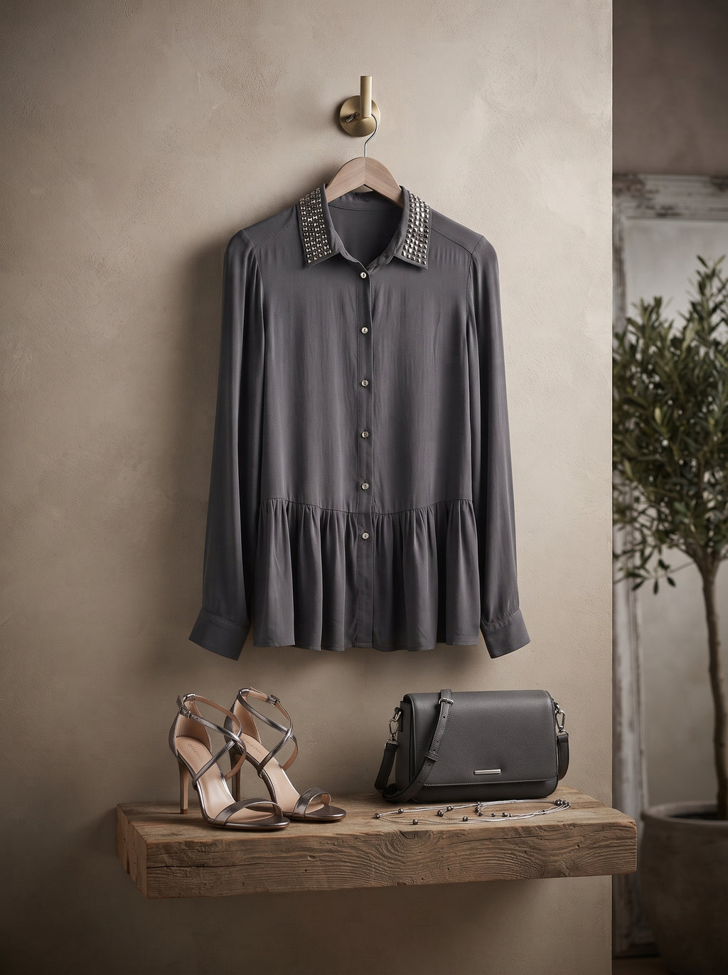 Studio W Charcoal Grey Embellished Collar Ruffle Hem Blouse - Size 10/34
