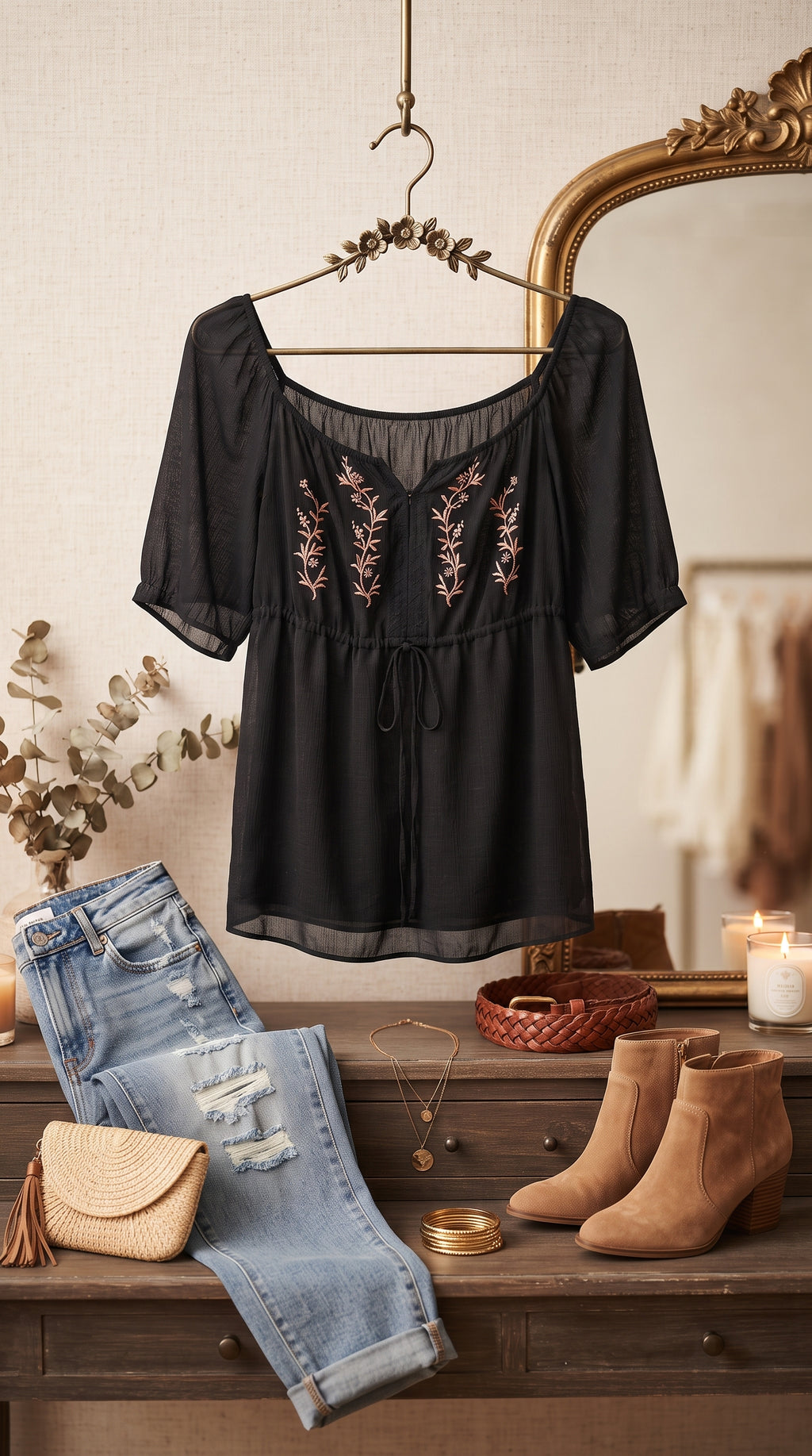 Women's Black Embroidered Chiffon Blouse – Size Large