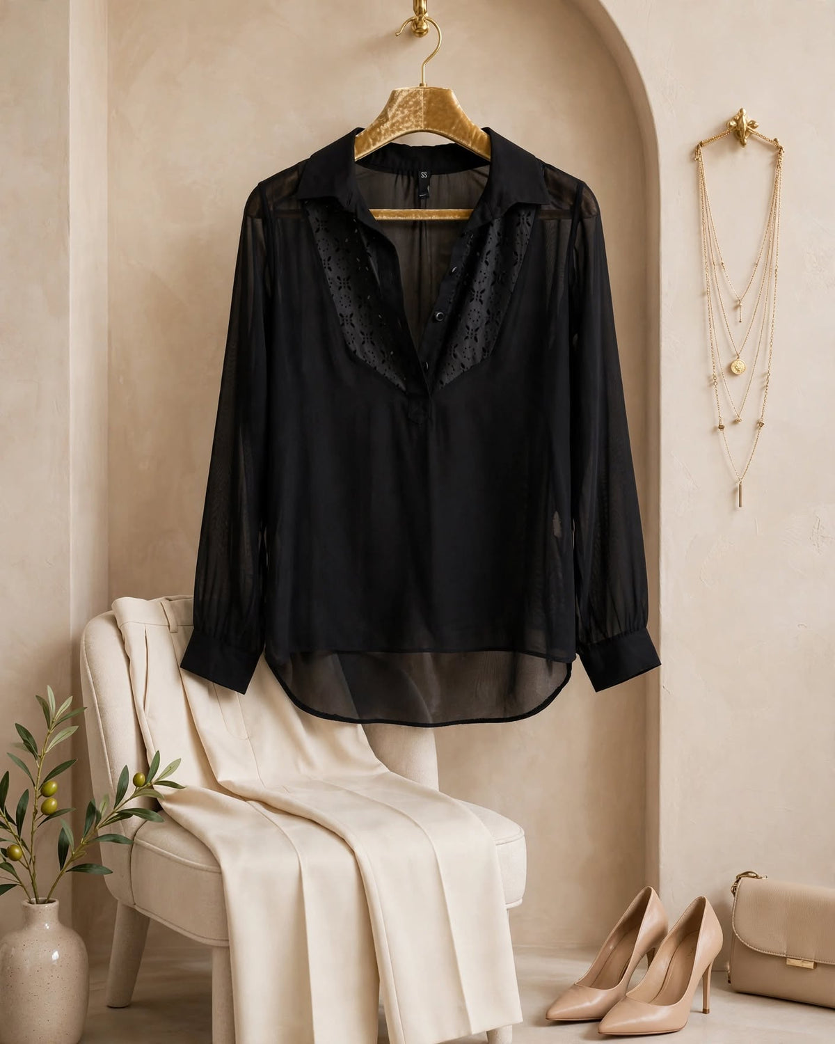 Mr Price Sheer Black Blouse with Eyelet Lace Detail - Size XS