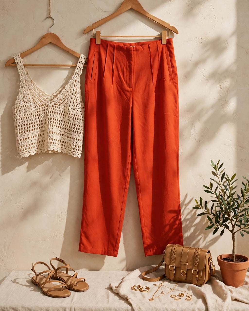 Burnt Orange High-Waisted Pleated Straight-Leg Pants - Size 44