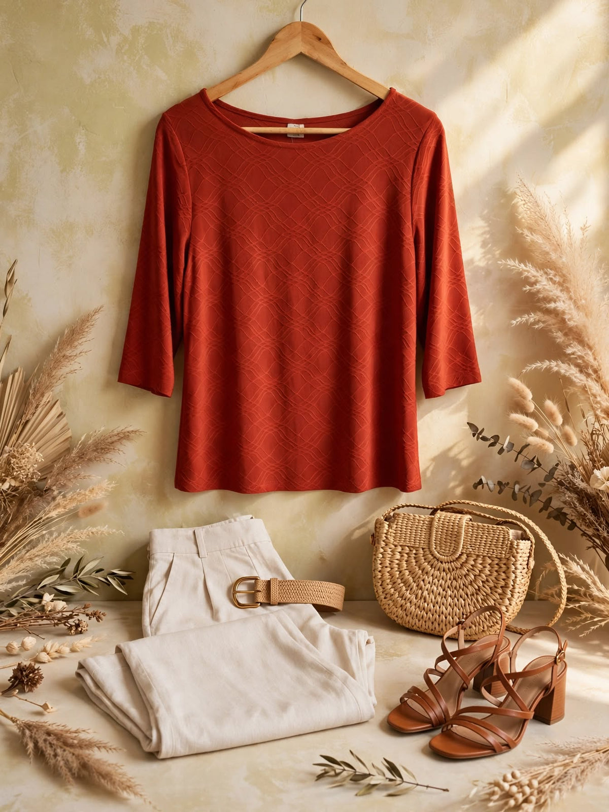 Avenue Burnt Orange Textured Boat Neck Blouse - Size XL