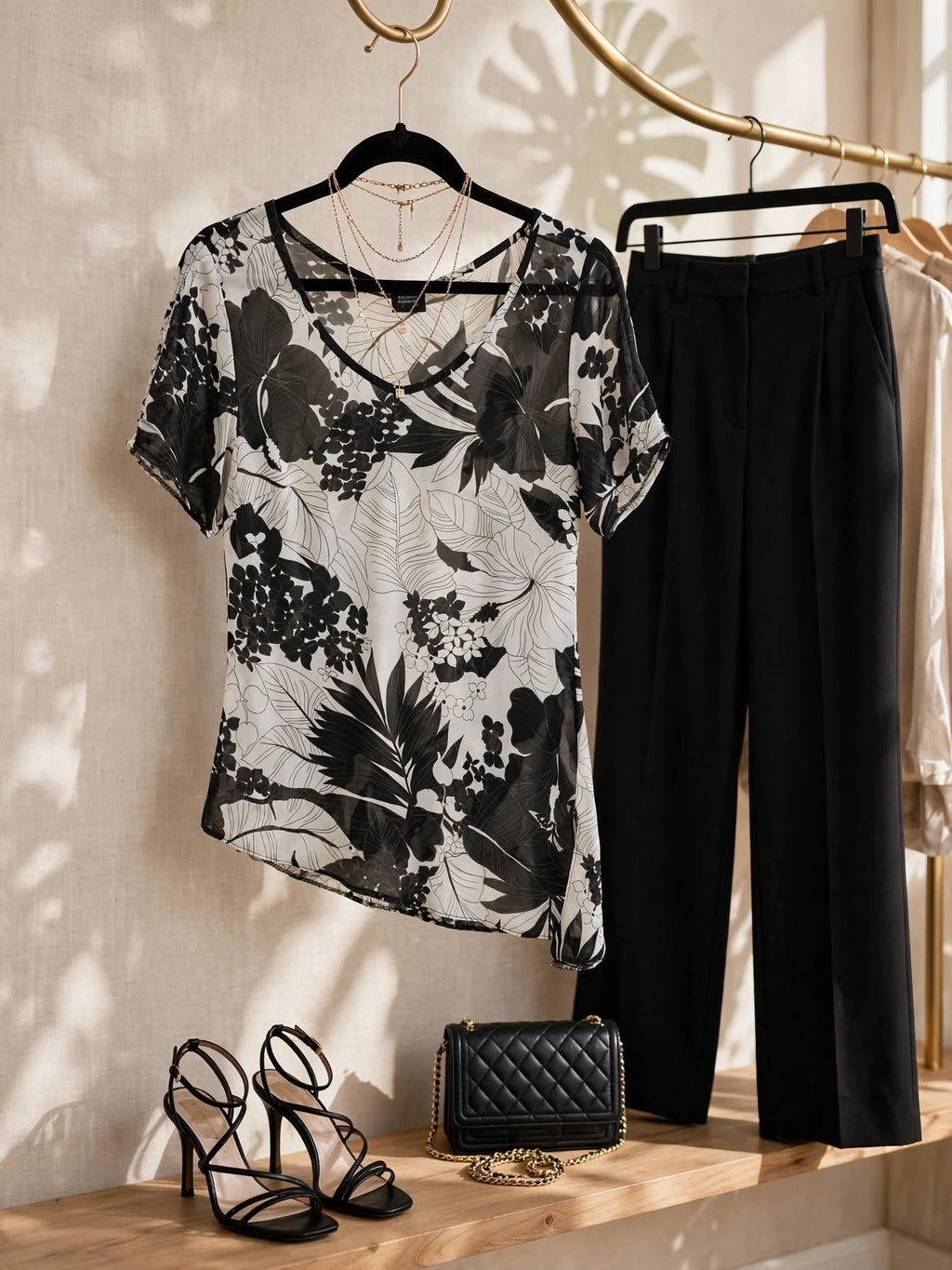 Fashion Express Black & White Tropical Floral Sheer Blouse - Size 14