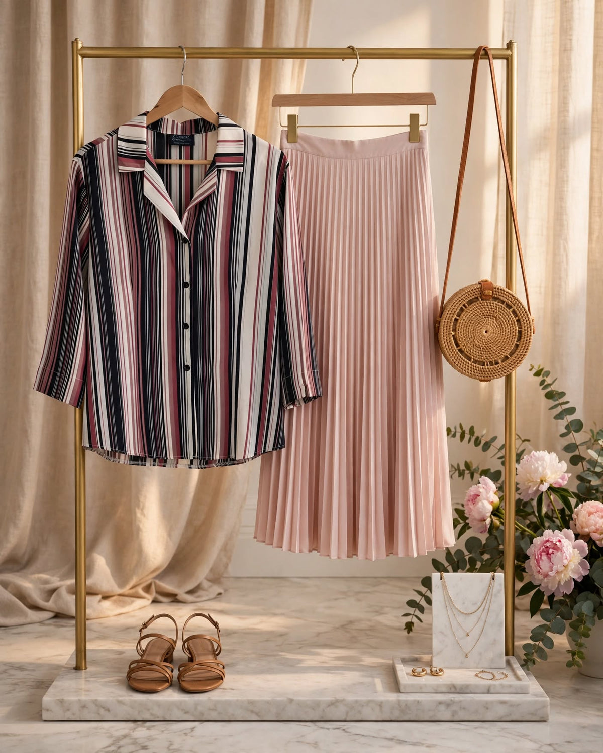 Black, Cream & Dusty Rose American Casual Striped Camp Collar Blouse - Size Medium