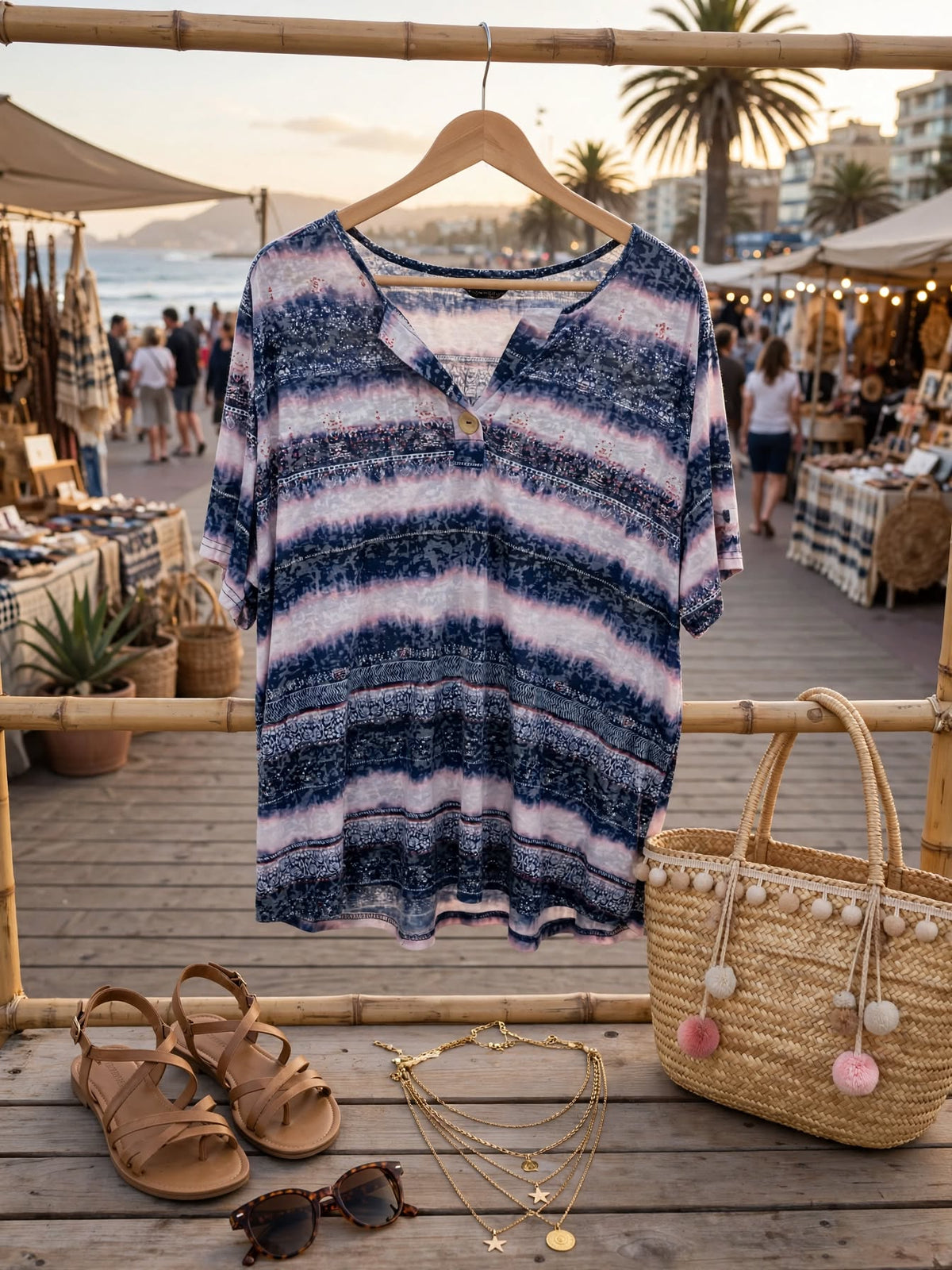 Miladys Boho Navy & Blush Pink Tie-Dye Tribal Striped V-Neck Flowy Blouse - Size 2XL