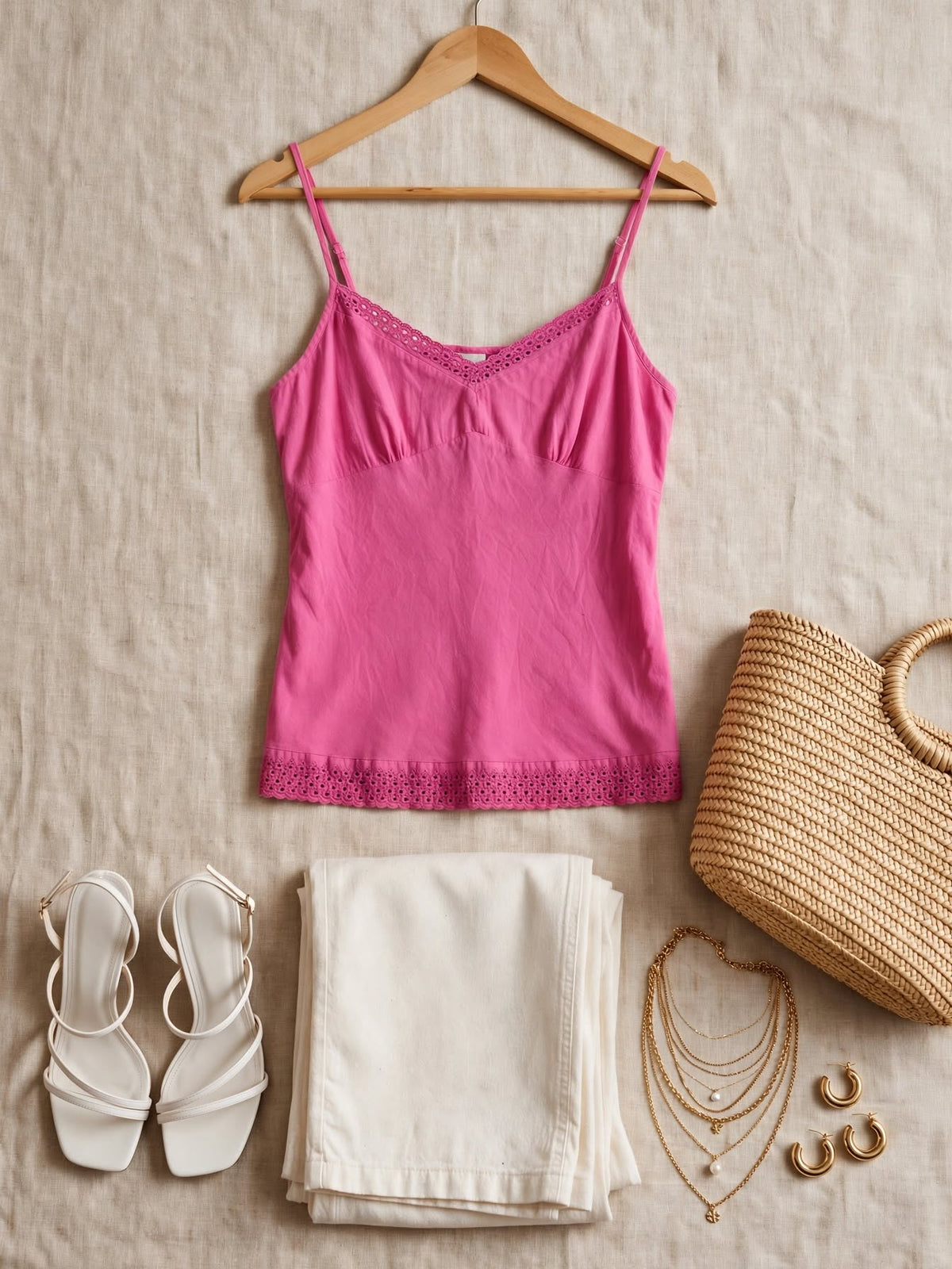 Miladys Pink Eyelet Lace Trim Cotton Cami Top - Size 44