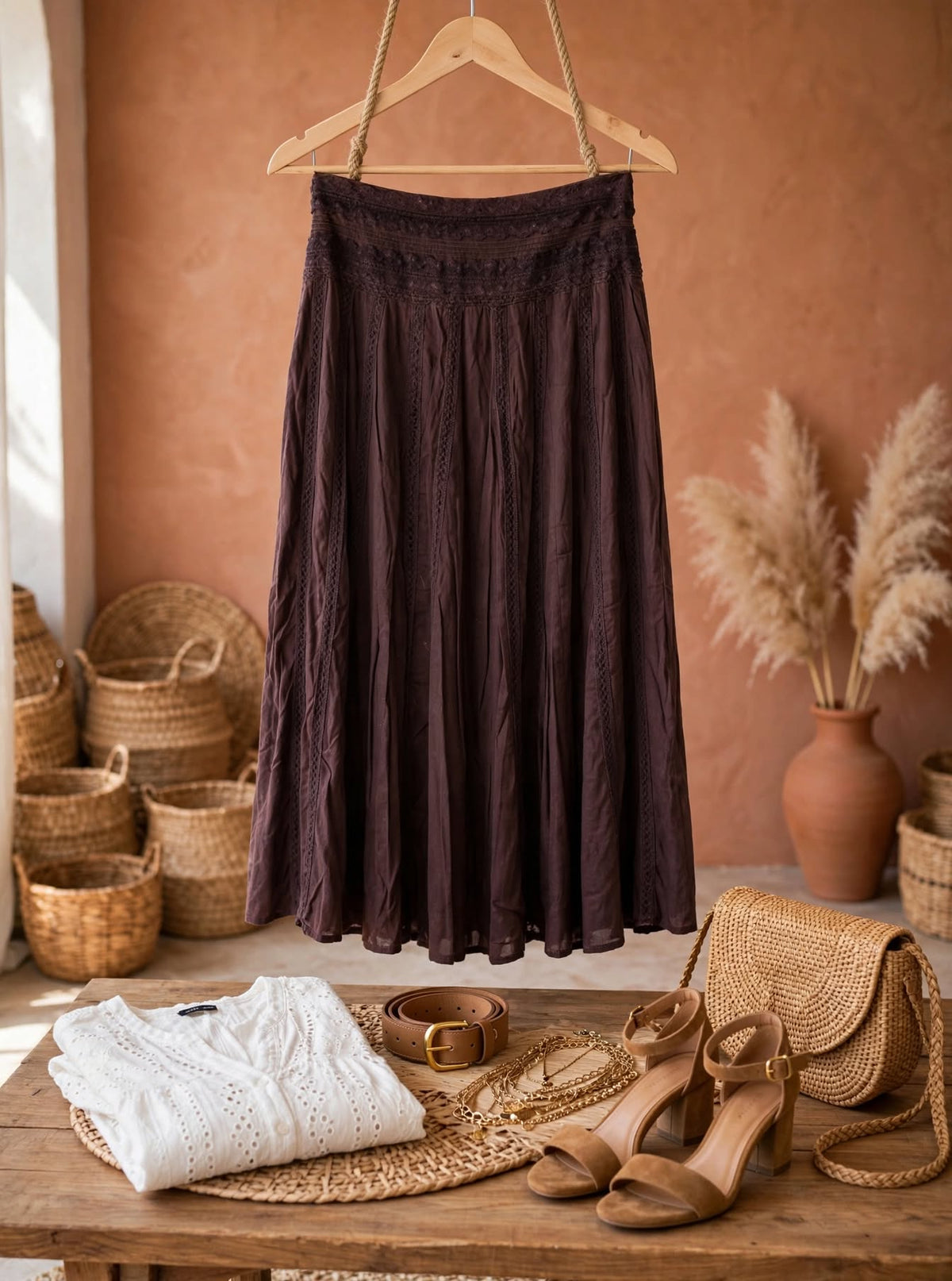 Boho Espresso Brown Lace Yoke Midi Skirt - Size 8