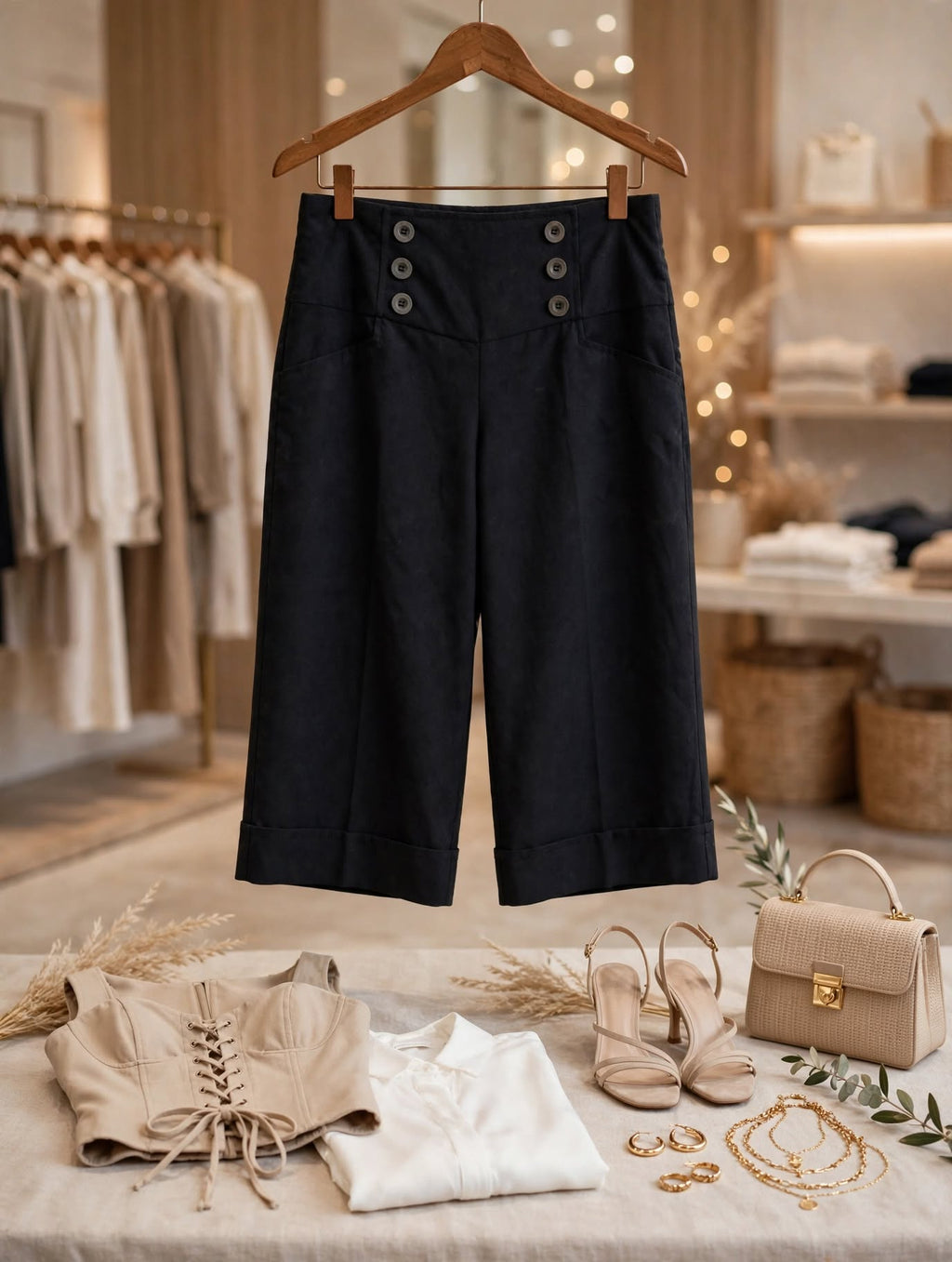Massumi Black High-Waisted Wide-Leg Cropped Capri Pants - Size 16 / 40
