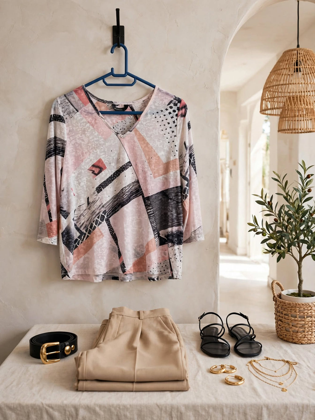 Miladys Abstract Blush Geometric Blouse - Size Small
