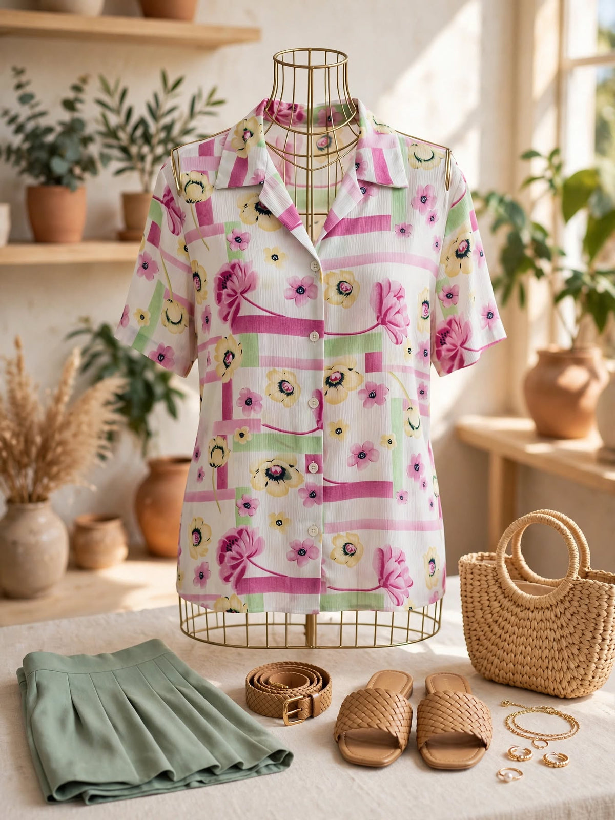 Pink & Sage Green Geometric Floral Print Park Avenue Floral Blouse - Size 10