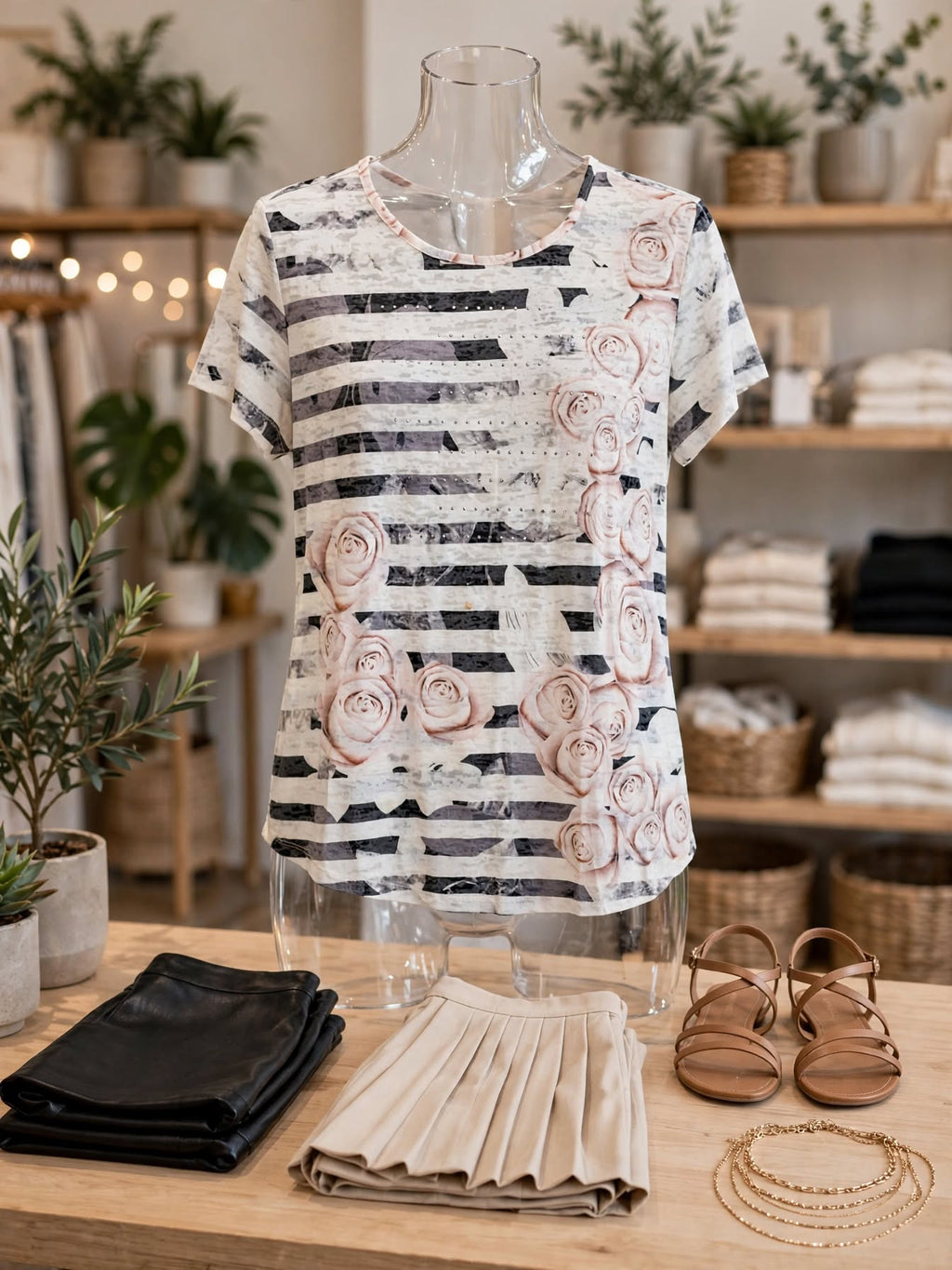 Miladys White & Black Stripe with Pink Floral Blouse - Size Medium