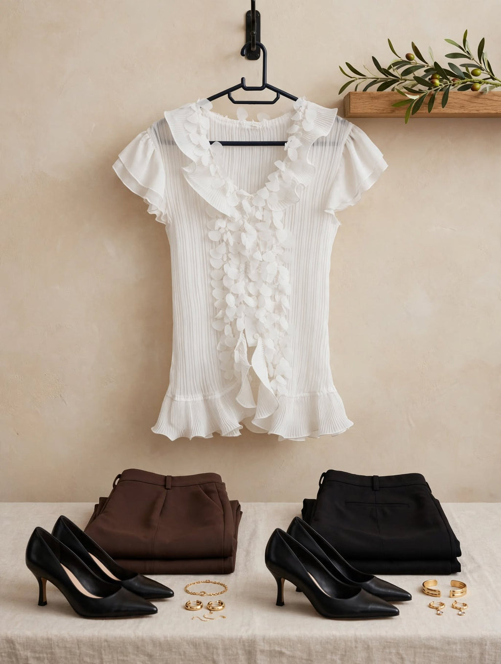 White Pleated Petal Ruffle Flutter Sleeve Blouse - Size Small