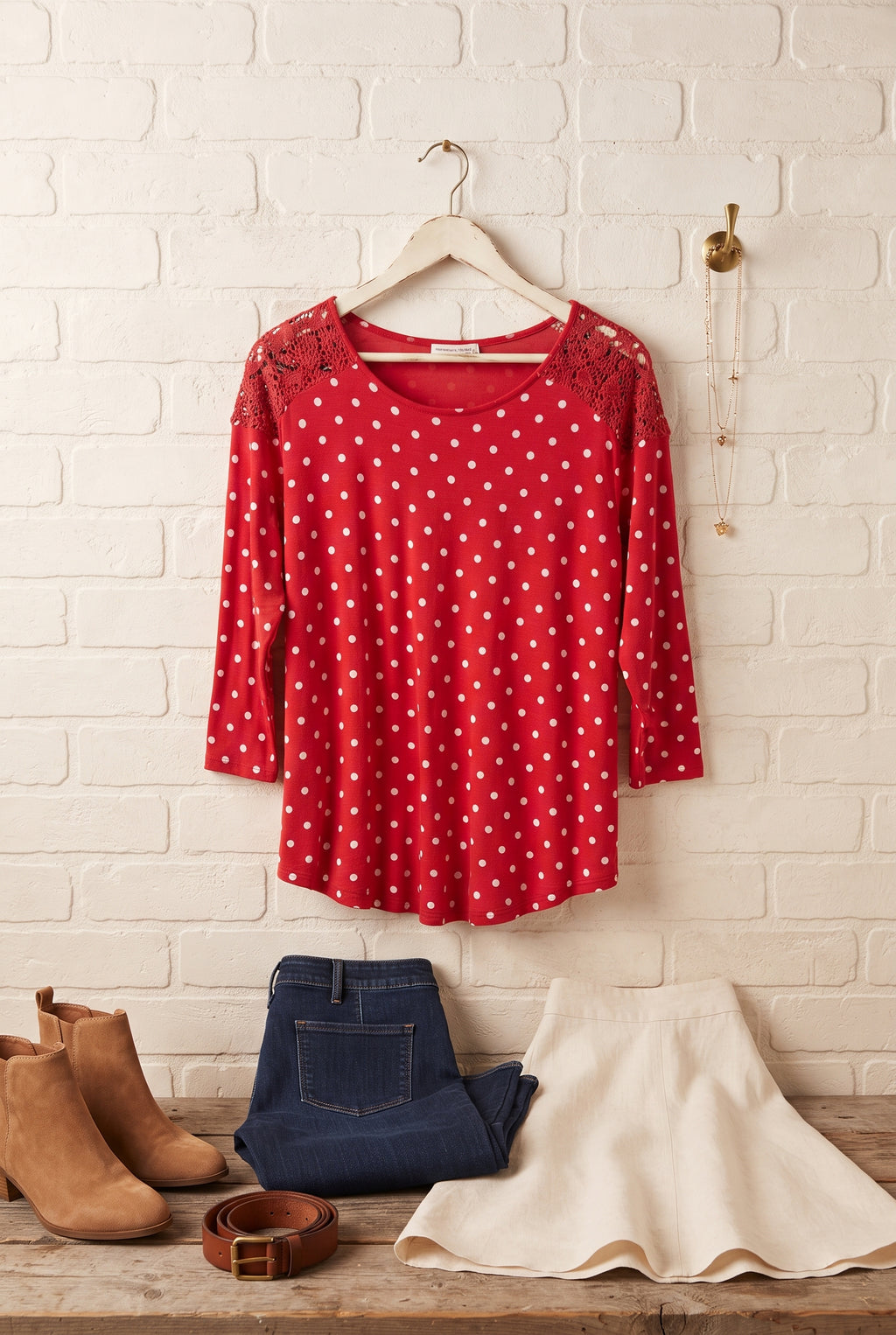 Woolworths Red & White Polka Dot Blouse with Crochet Lace Detail – Size Medium
