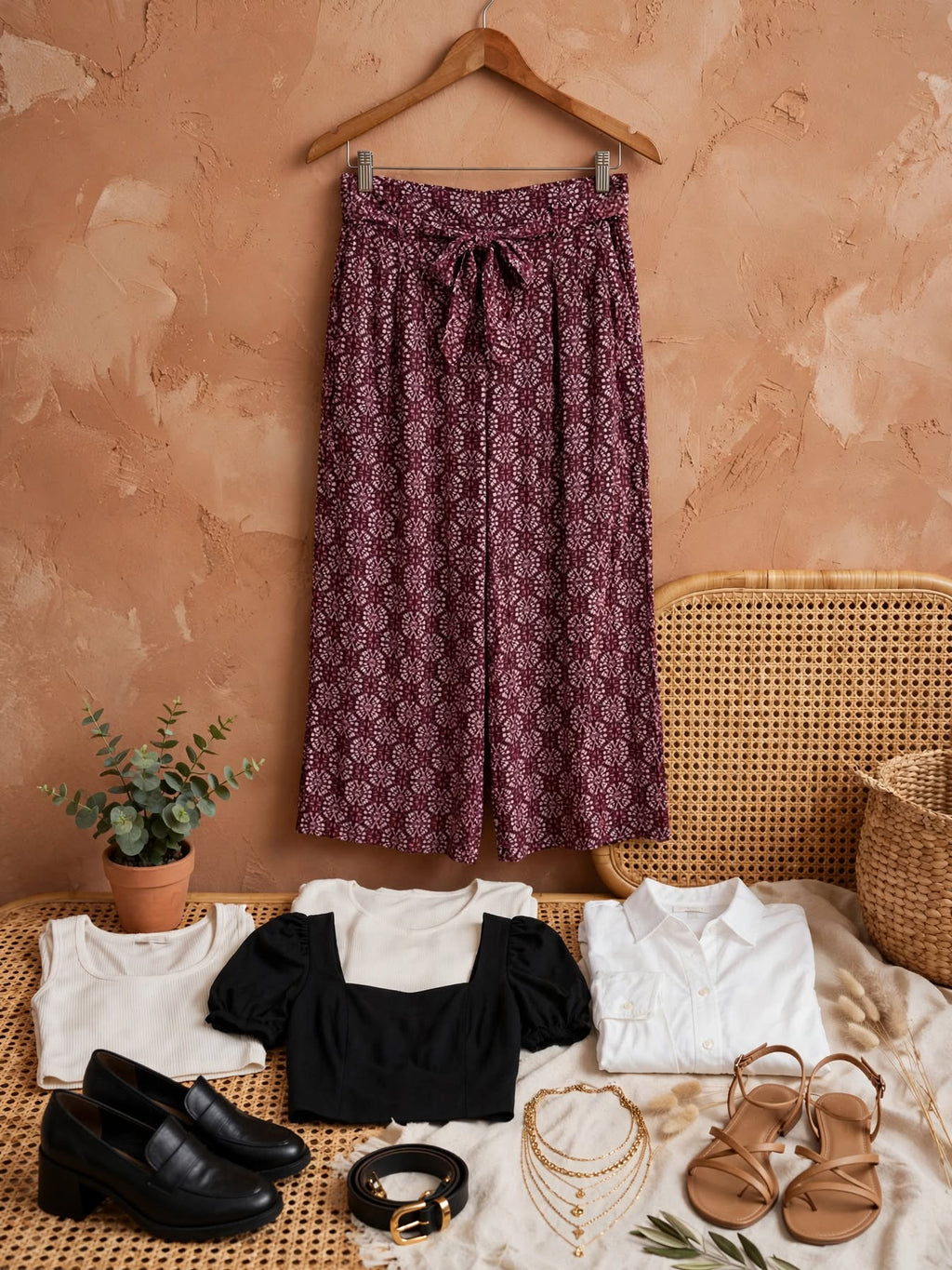 Ackermans Tango Burgundy Floral Wide-Leg Tie-Waist Culottes Pants - Size 38