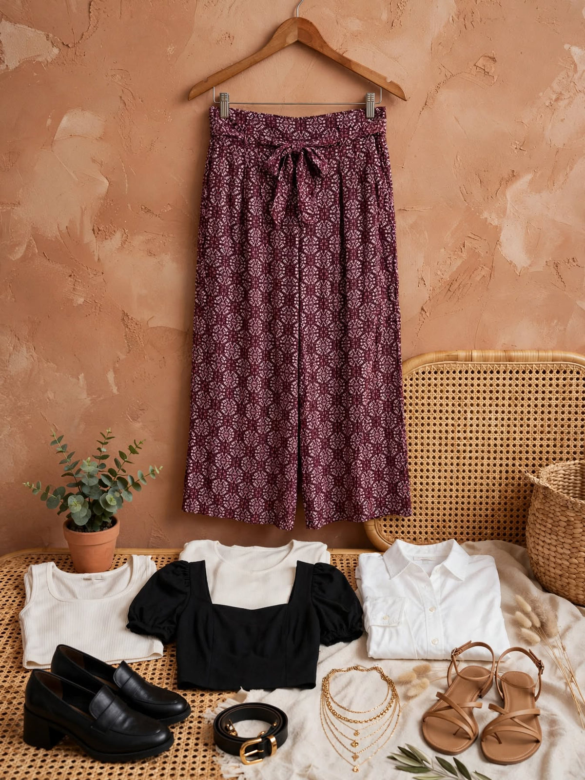 Ackermans Tango Burgundy Floral Wide-Leg Tie-Waist Culottes Pants - Size 38