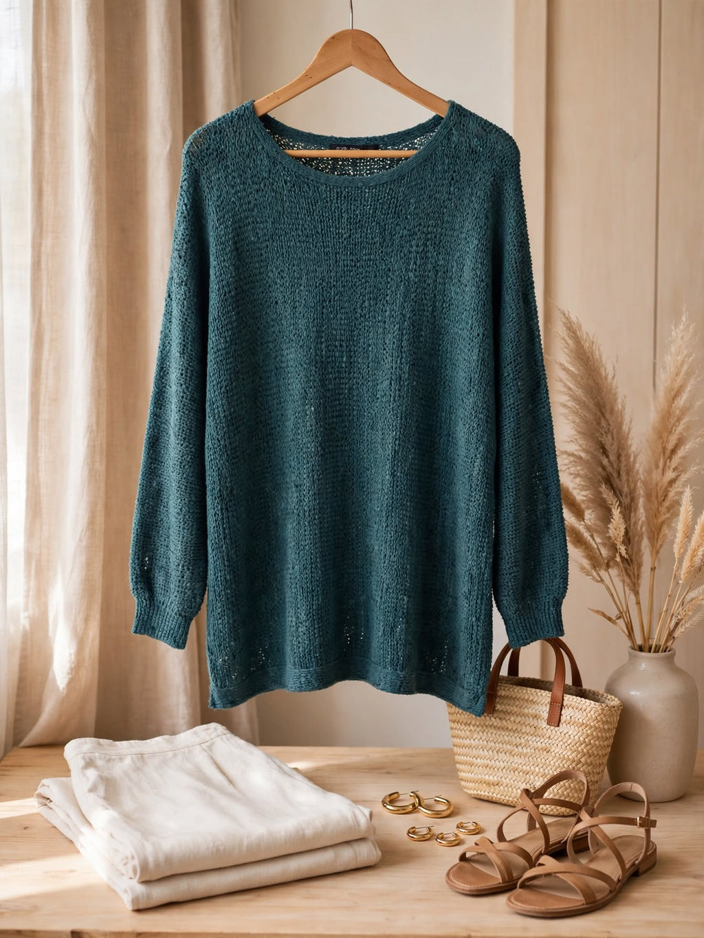 David Jones Teal Loose-Knit Oversized Sweater - Size Large