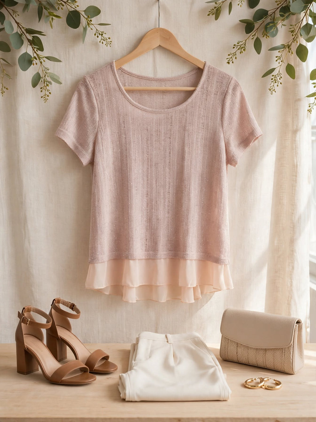 Rage 4 Me Blush Pink Sparkle Knit Top with High-Low Chiffon Ruffle Hem - Size Medium